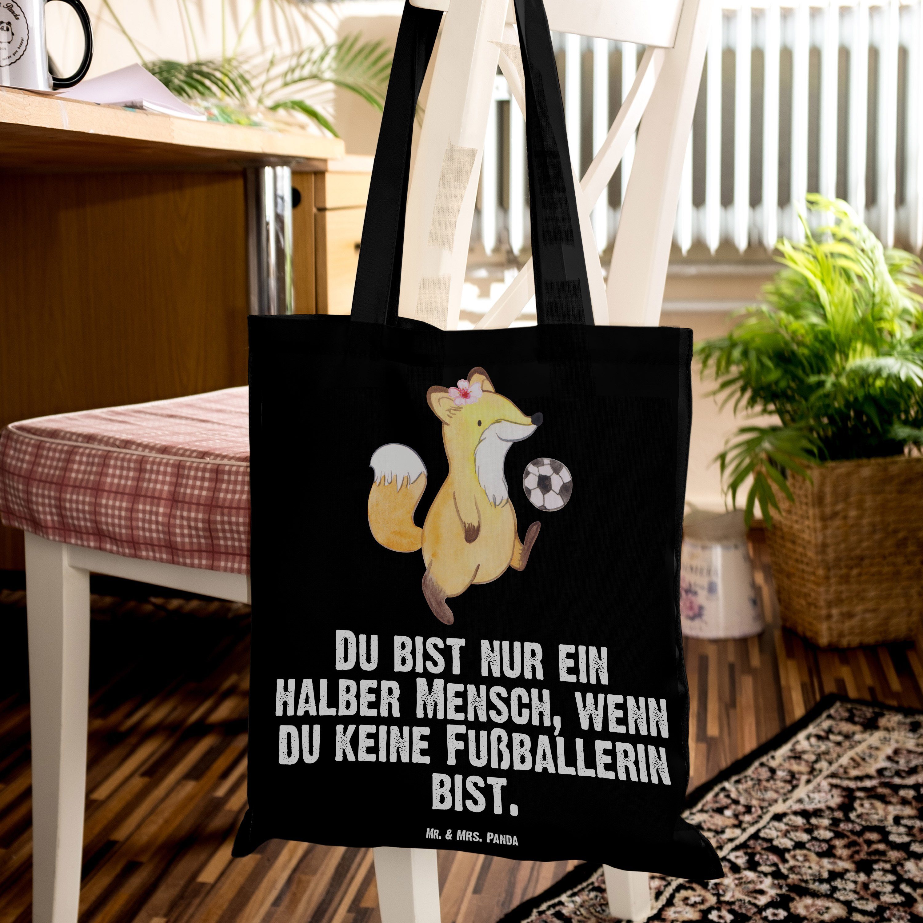 Mr. & Mrs. Panda Tragetasche - (1-tlg) Schwarz Geschenk, mit Herz Fußballerin - Glücksbringer, Beuteltasch