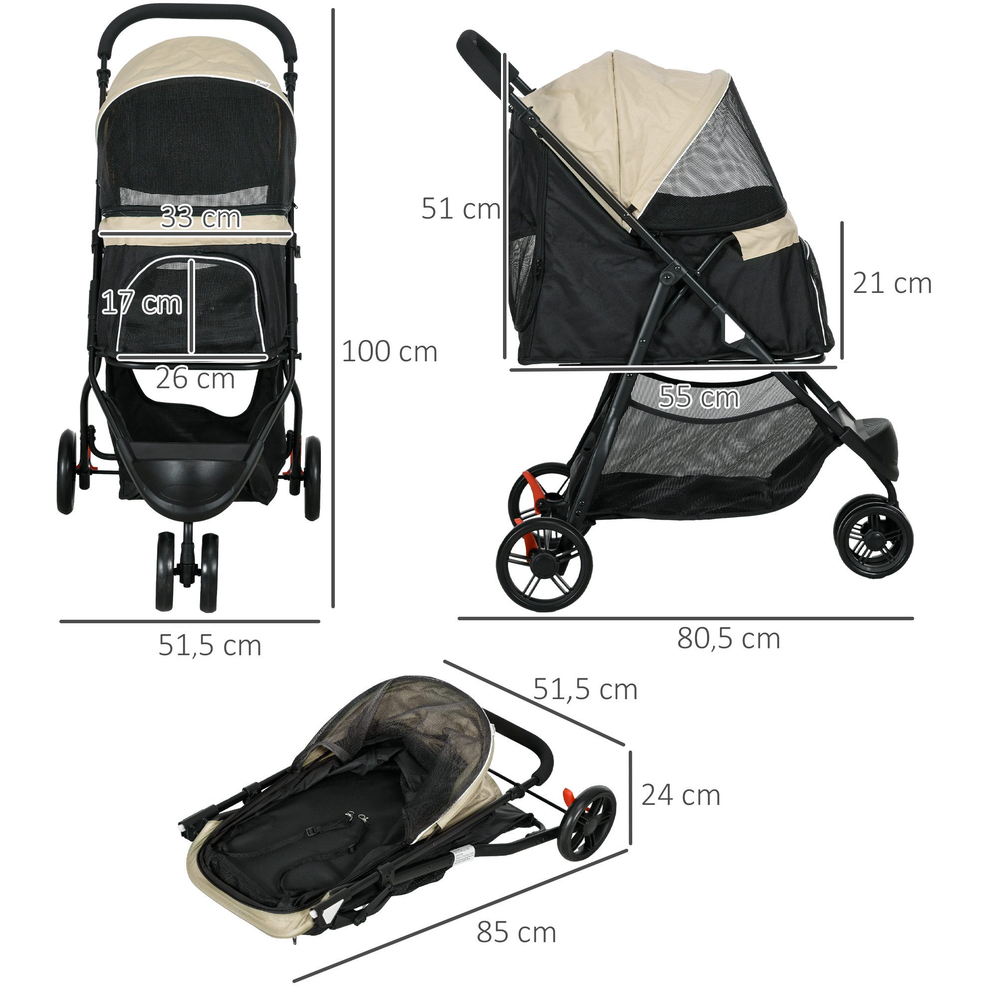 PawHut Hundebuggy 2 in 1, mit Regenschutz, klappbar, mit Kissen, Netzfenstern, Türen, (Haustierwagen, 1-tlg), für Hunde & Katzen bis 10 kg, Khaki