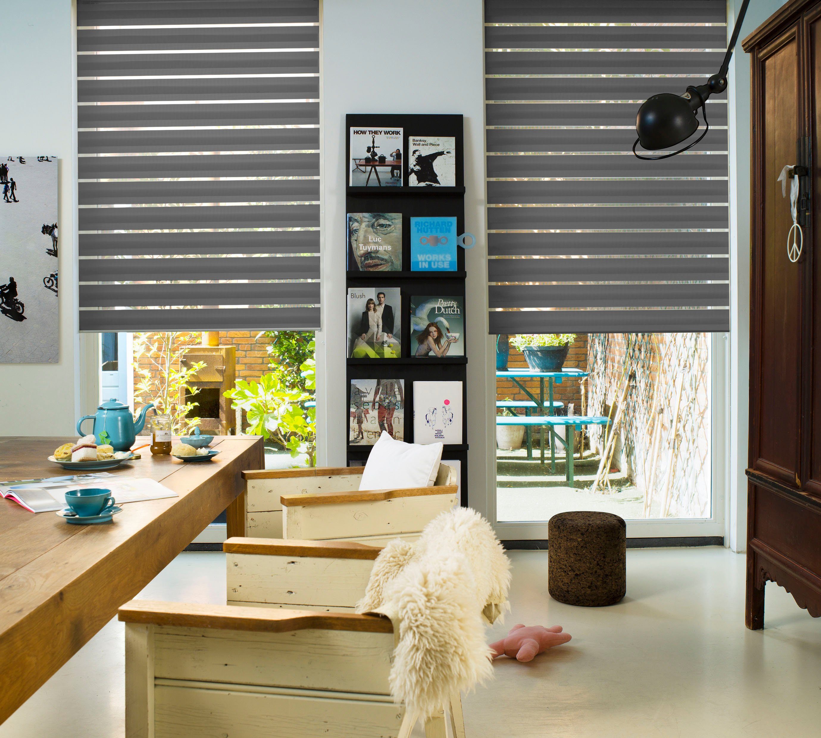 Doppelrollo Duo-Rollo, GARESA, Lichtschutz, freihängend, verschraubt, Lichtregelung leicht gemacht, transparent und dicht in einem