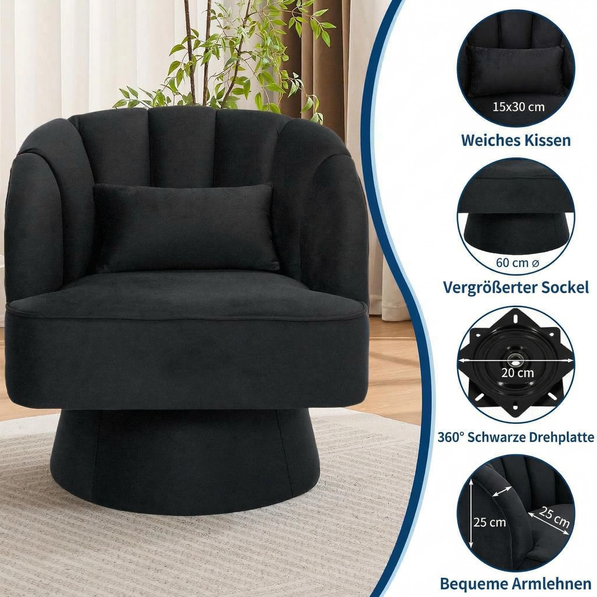 GarveeMore Sessel Sessel mit 360 Grad drehbare Kuscheltonnen-Akzentsofasessel, Samtbezug,Armlehnensessel,Polstersessel,Akzentstul