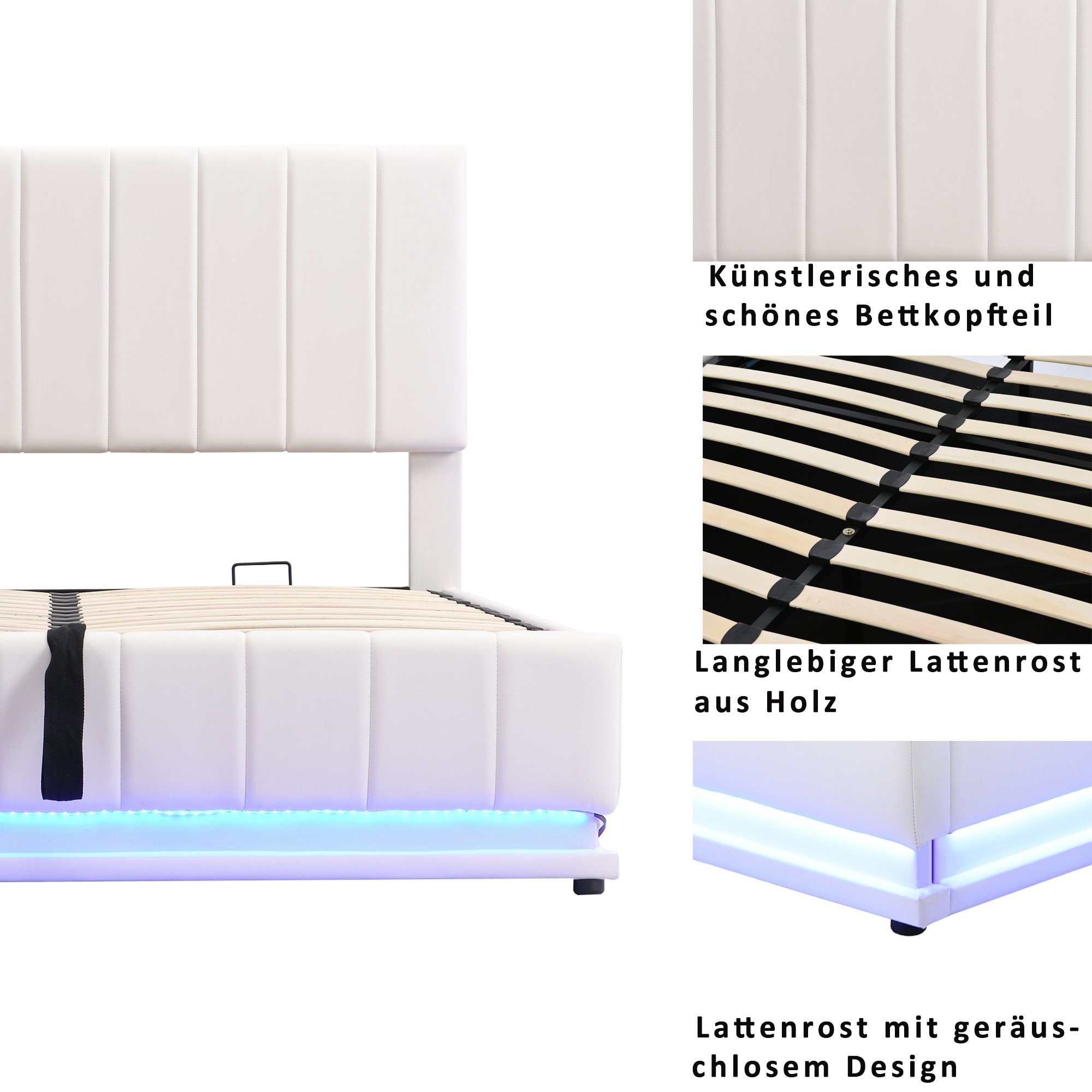 Boxspringbett (LED Hydraulisches Bett mit Bettkasten und Lattenrost), Polsterbett Stauraumbett 160x200 cm, Kunstleder