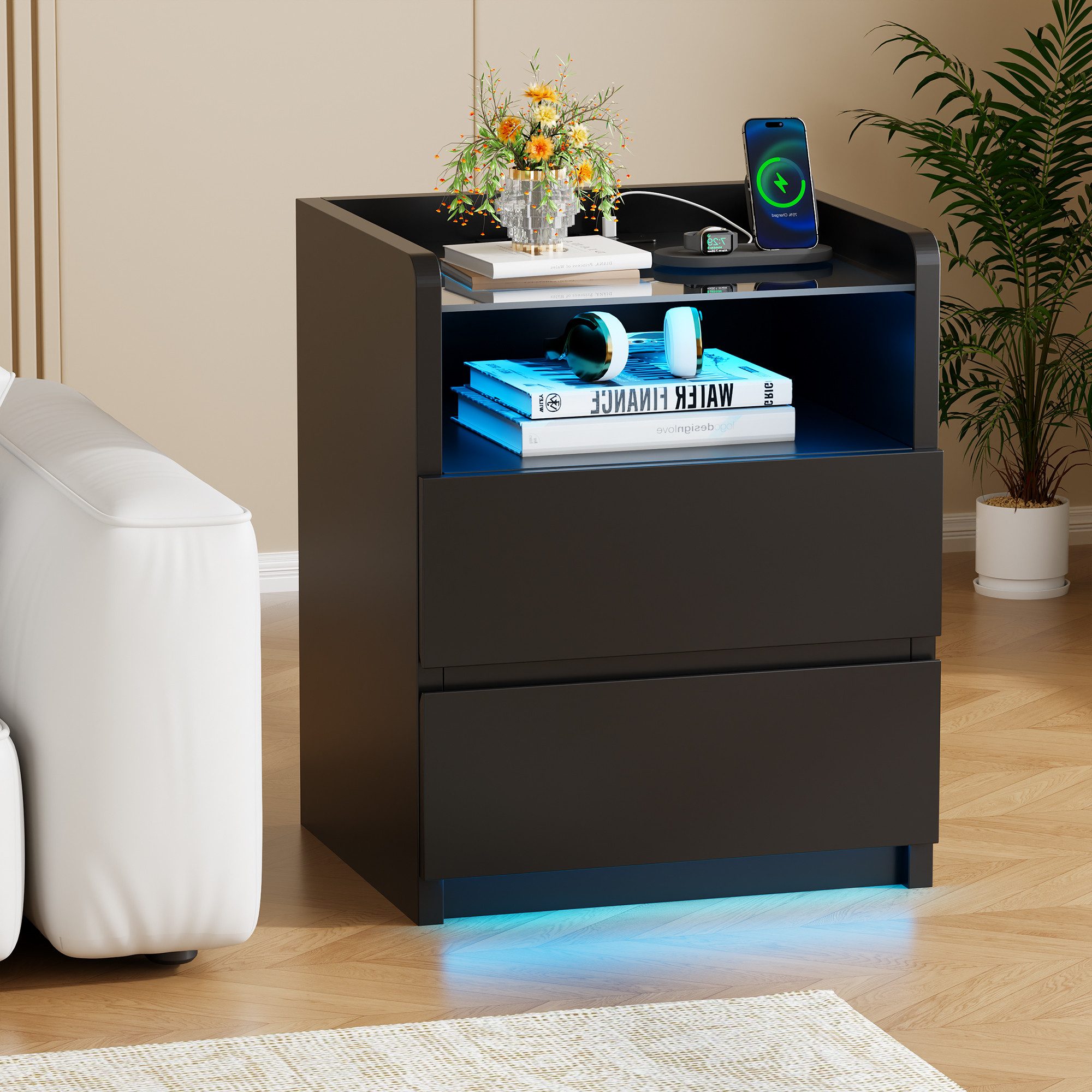 BEWISHOME Nachttisch 2er Set mit RGB-LED-Beleuchtung und Ladestation, 40x35x60 cm (2-St), Gehärtete Glasplatte, 2 Schubladen & Offenes Fach – Bild 3 von 5