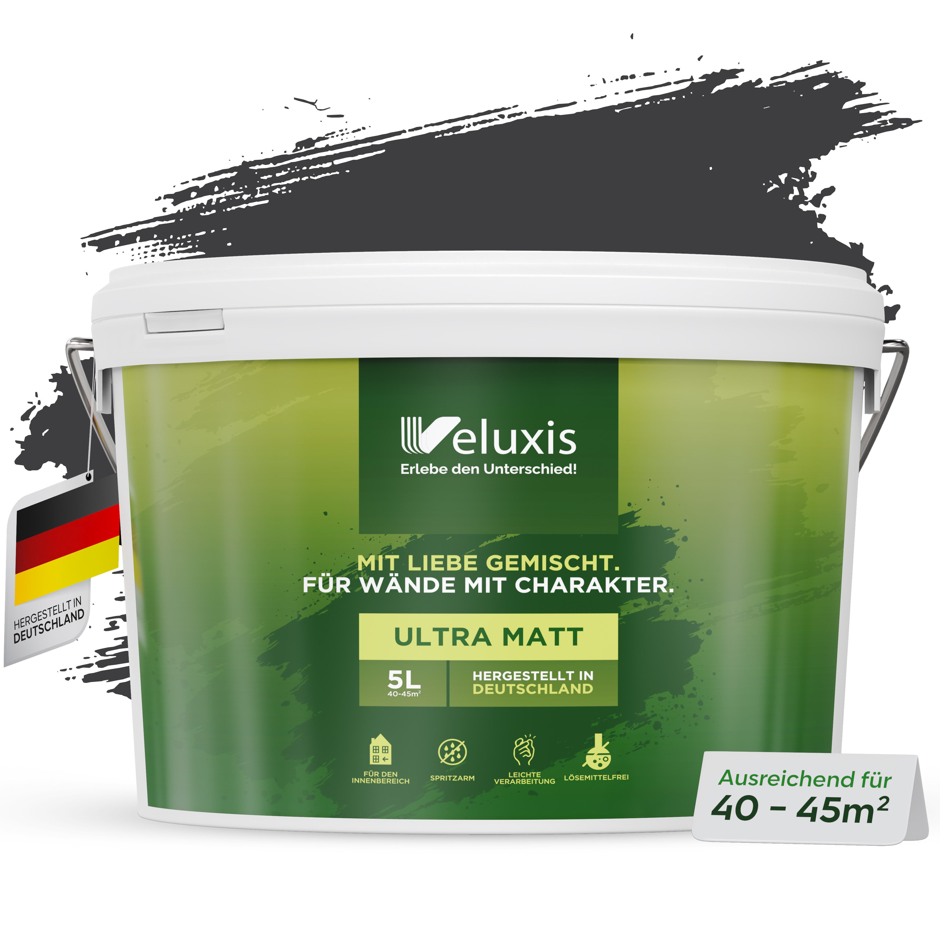 Veluxis Wandfarbe Veluxis® Wandfarbe, Deckkraft-Klasse 1, Streifenfrei, tropfarm & VOC-frei