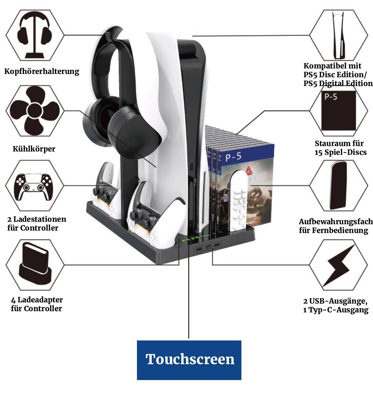 BBG PS5 Kühlständer mit Lüfter & Controller-Ladestation–PS5 Dockingstation Ladestation (mit Disc-Aufbewahrung für PS5 Digital & Disc Edition)