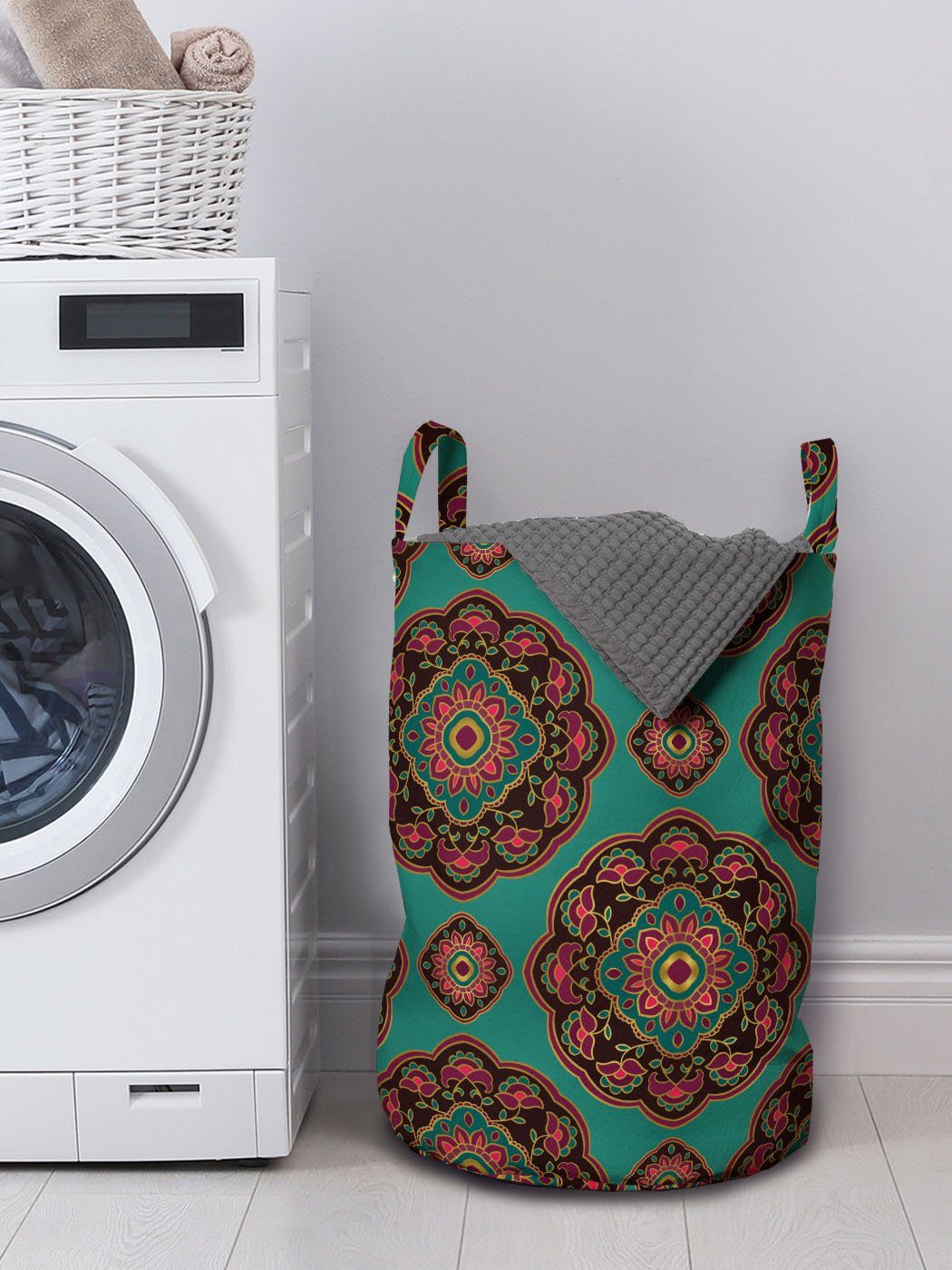 Motive Mandala Wäschekorb Floral Waschsalons, orientalisch mit Wäschesäckchen Griffen Kordelzugverschluss Abakuhaus für