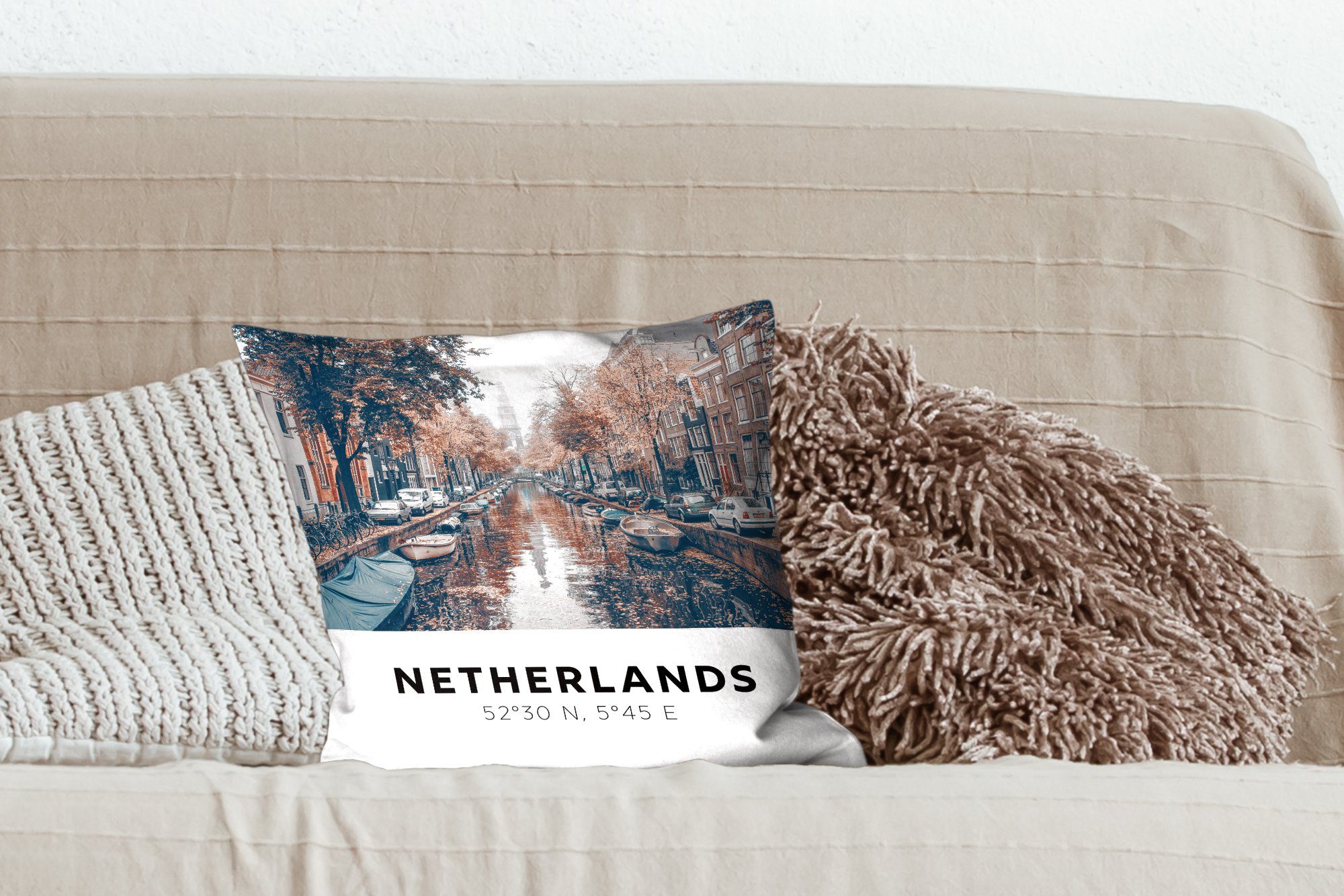MuchoWow Dekokissen Niederlande - Kanäle Zierkissen Füllung mit Schlafzimmer, Boote, Deko, für Sofakissen - Wohzimmer