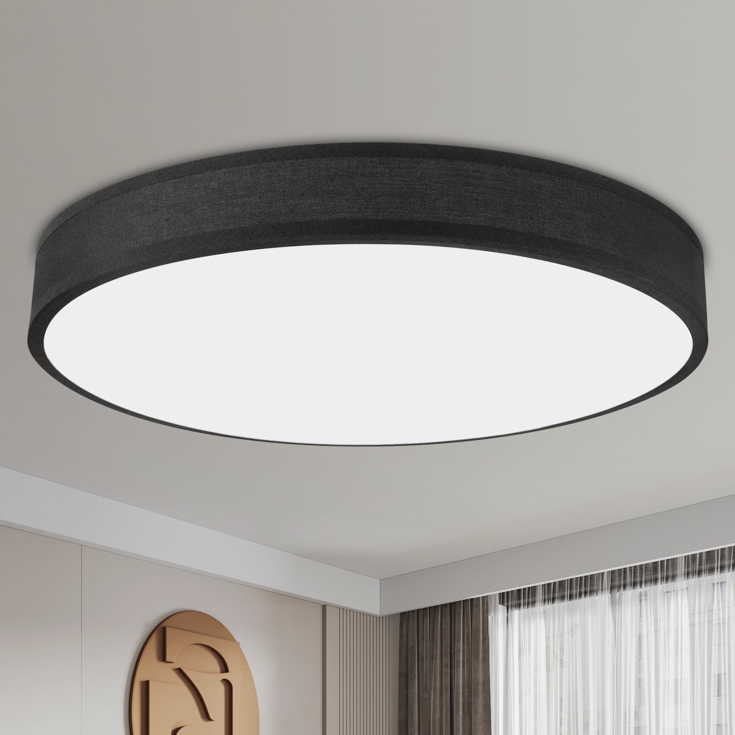 Nettlife LED Deckenleuchte Rund Schwarz 12W, Schlafzimmerlampe Warmweiße 3000K Moderne Stoff