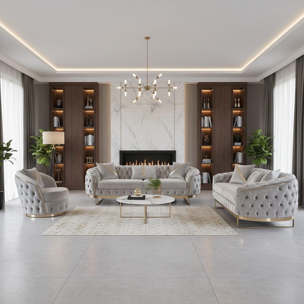 Palms-Store Sofa -Set MIRA mit Knopfheftung in 5 edlen Farbvarianten, 3-Sitzer + 3-Sitzer + Sessel
