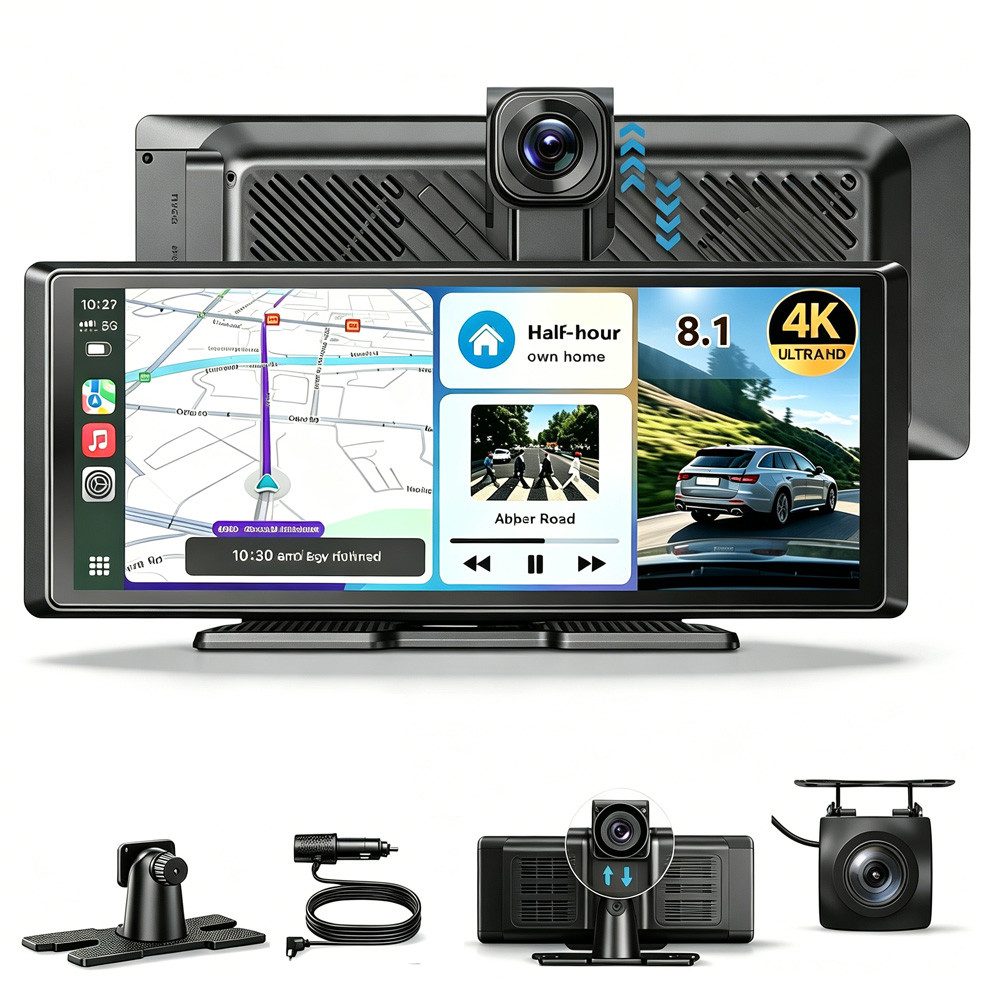 ESSGOO 4K 8.1" Apple Carplay Android Auto Display Vorne Rückfahr Dashcam Dashcam (HD, Tragbar Autoradio Rückfahrkamera IPS Touchscreen GPS Navi FM AUX)