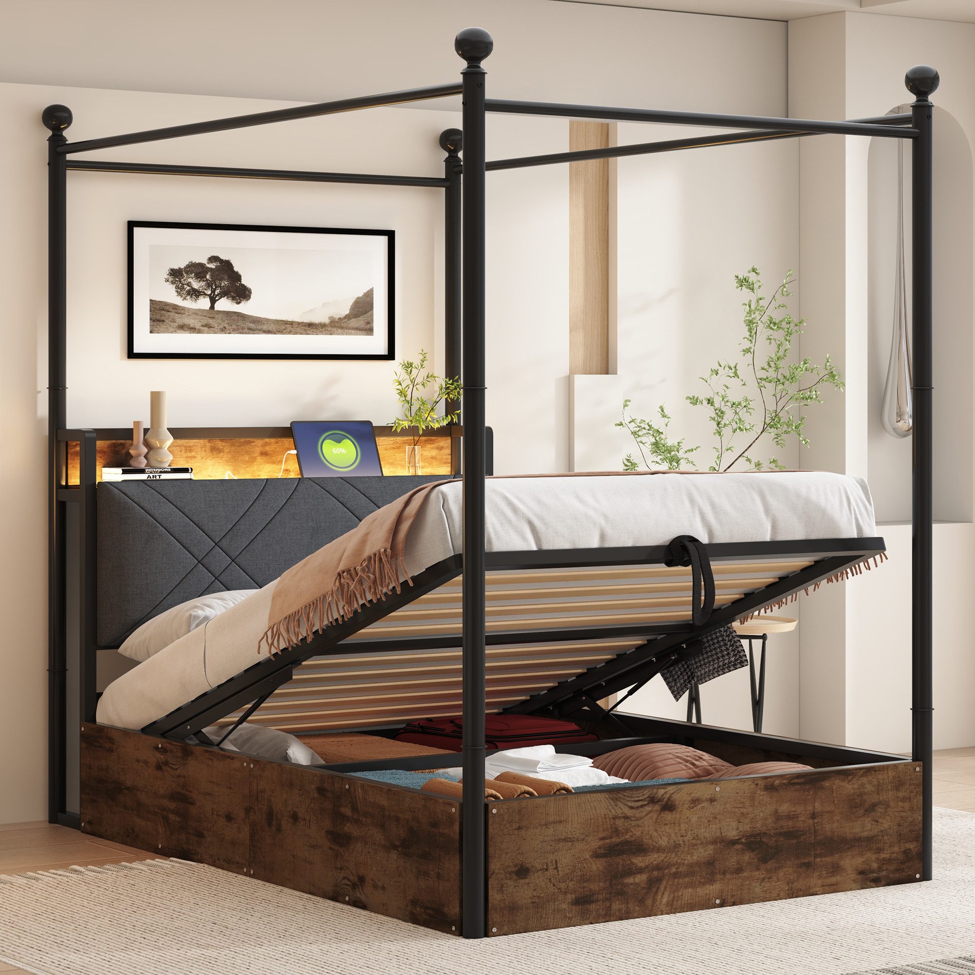 Flieks Himmelbett, Hydraulisches Stauraumbett Metallbett 90x190cm mit LED u günstig online kaufen