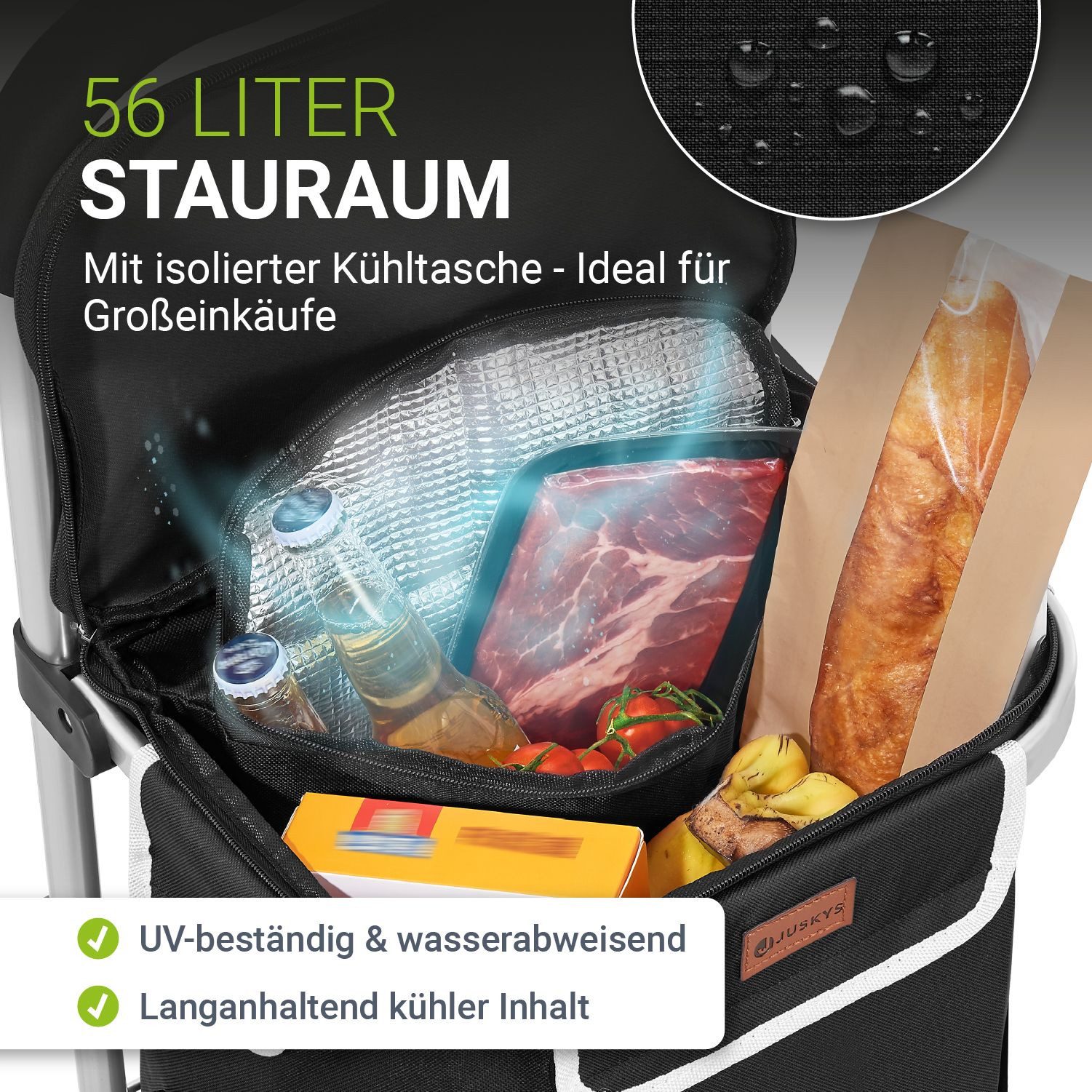 Juskys Einkaufstrolley 3in1, 56 l, mit Treppensteiger (6 Rollen), klappbar und modern, mit Kühlfach