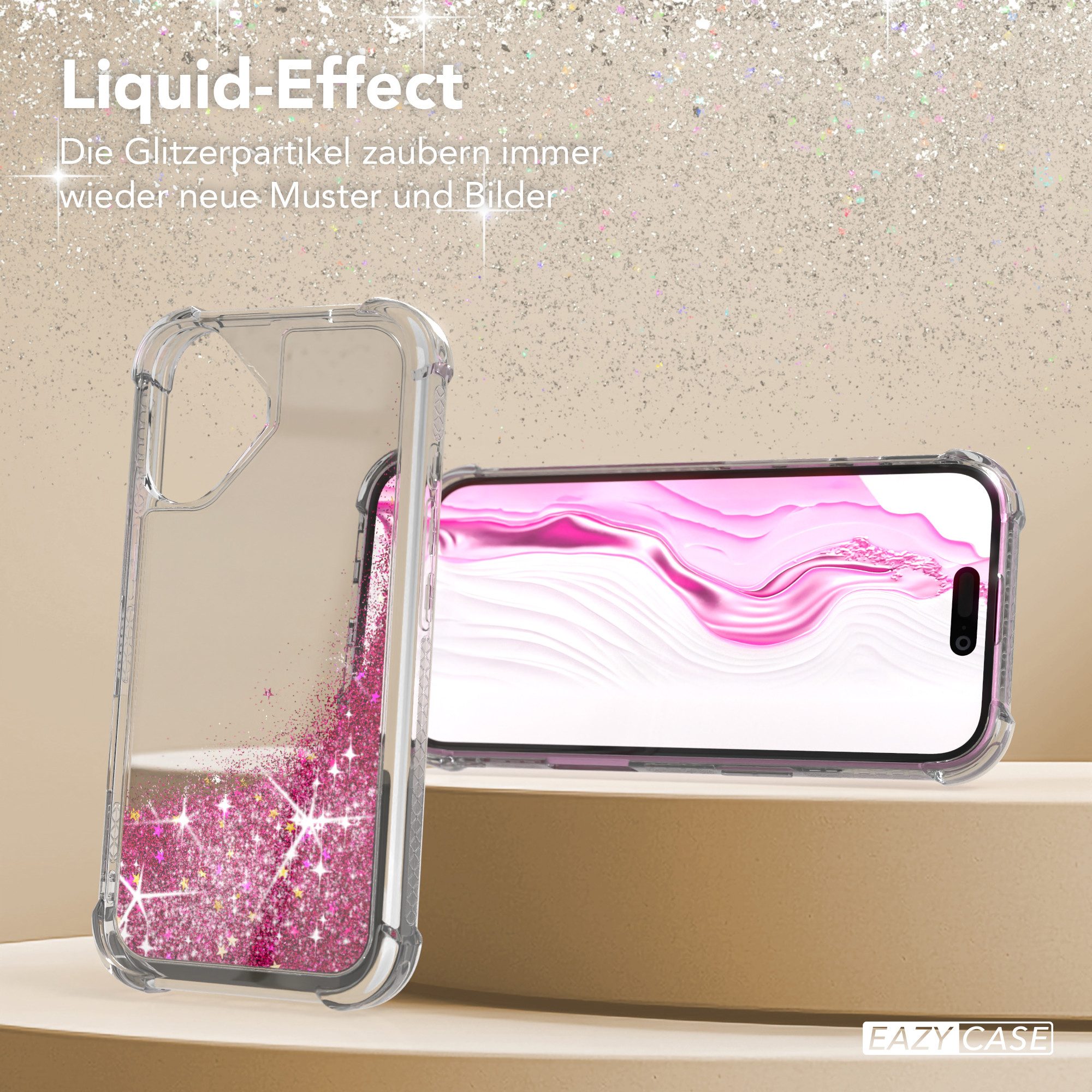 EAZY CASE Handyhülle Liquid Glittery Case für Apple iPhone 16 6,1 Zoll, Glitzerhülle Shiny Slimcover stoßfest Durchsichtig Bumper Case Pink – Bild 4 von 5