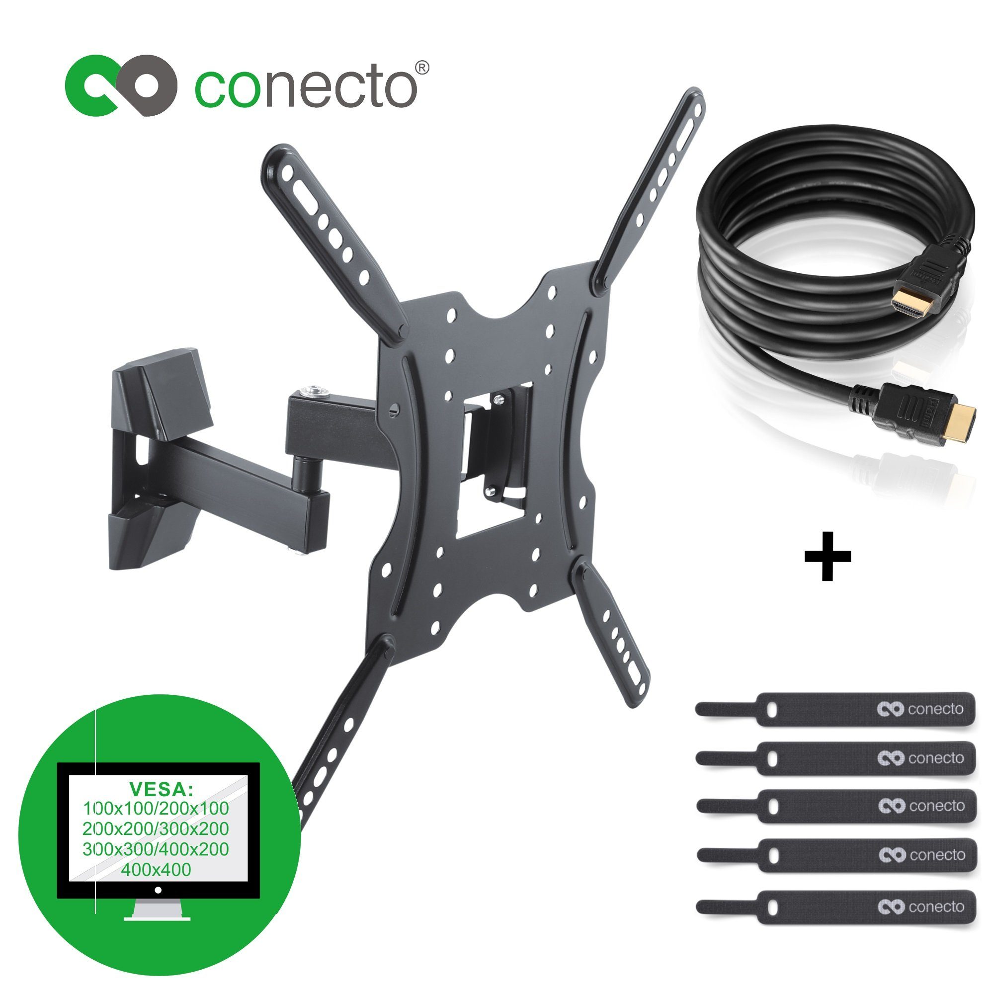 conecto TV-Wandhalterung TV Wandhalter für LCD LED Fernseher & Monitor, (bis 55 Zoll, inklusive HDMI-Kabel und Klett-Kabelbinder, neigbar, schwenkbar)