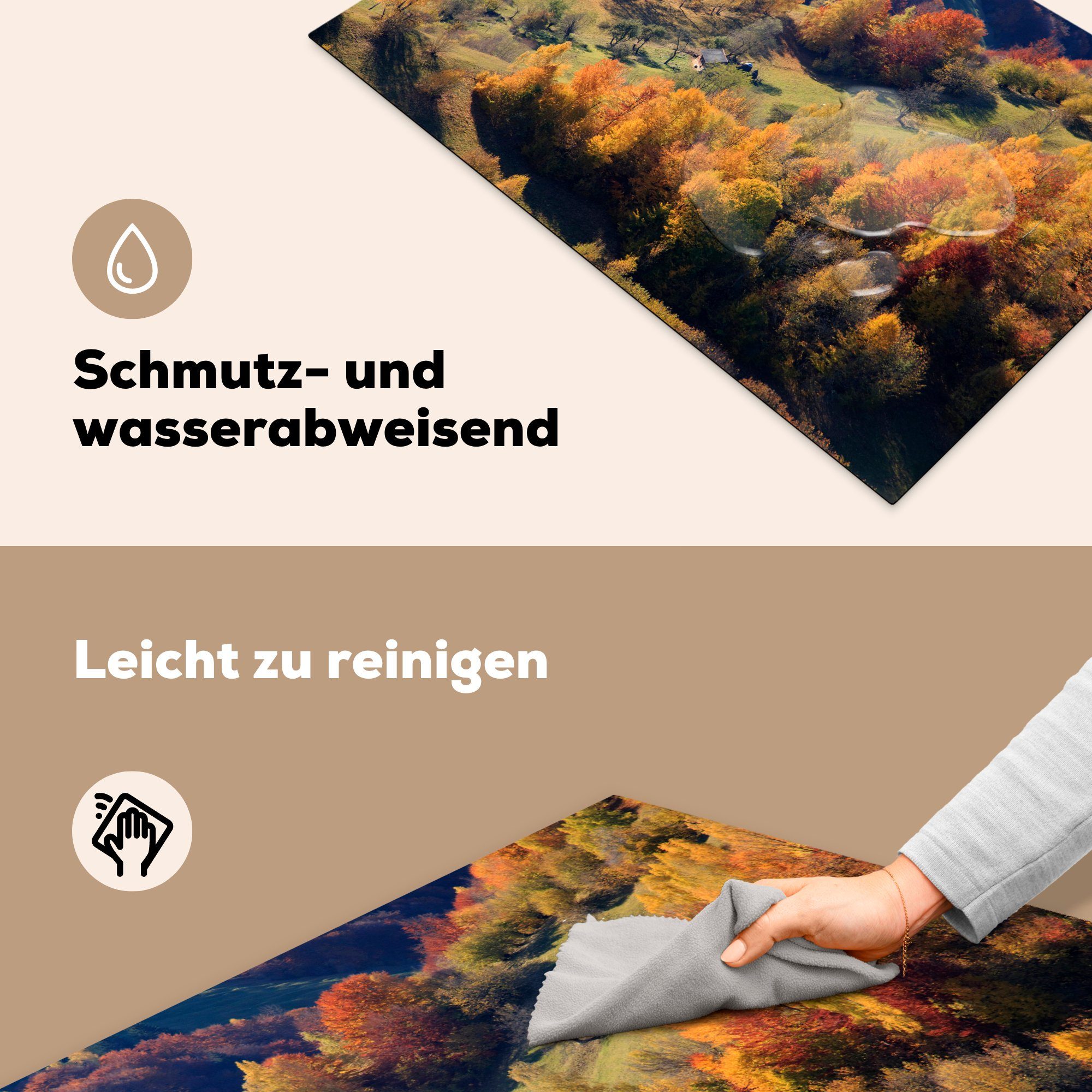 (1 Herdblende-/Abdeckplatte Rumänien, für küche, Nationalpark MuchoWow Schutz Craiului Piatra im cm, Induktionskochfeld Bäume Ceranfeldabdeckung 81x52 die gefärbte tlg), Herbstlich Vinyl, in