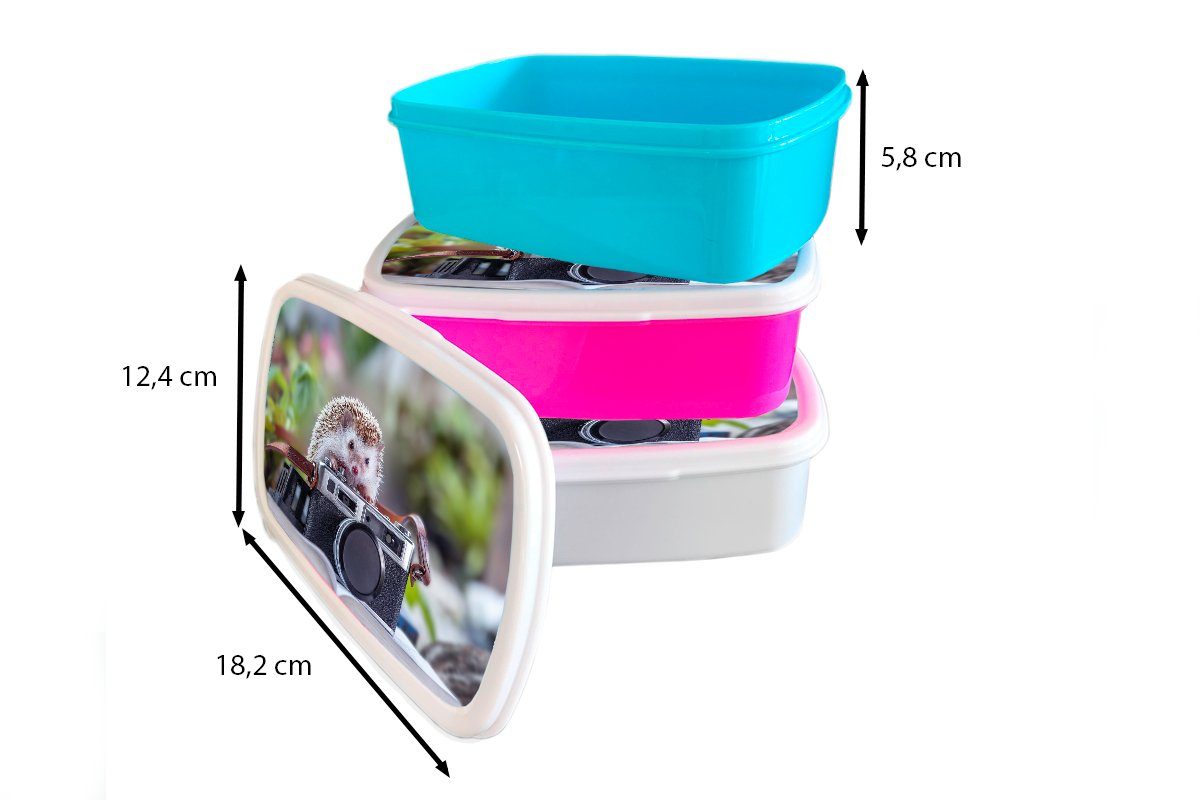 für MuchoWow auf einer und Brotdose, Lunchbox Brotbox Kunststoff, weiß Kamera, Mädchen Igel und (2-tlg), für Jungs Kinder Erwachsene,