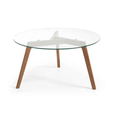 Natur24 Beistelltisch Couchtisch Kirb Glas und Struktur massiver Eiche Ø90cm Tisch