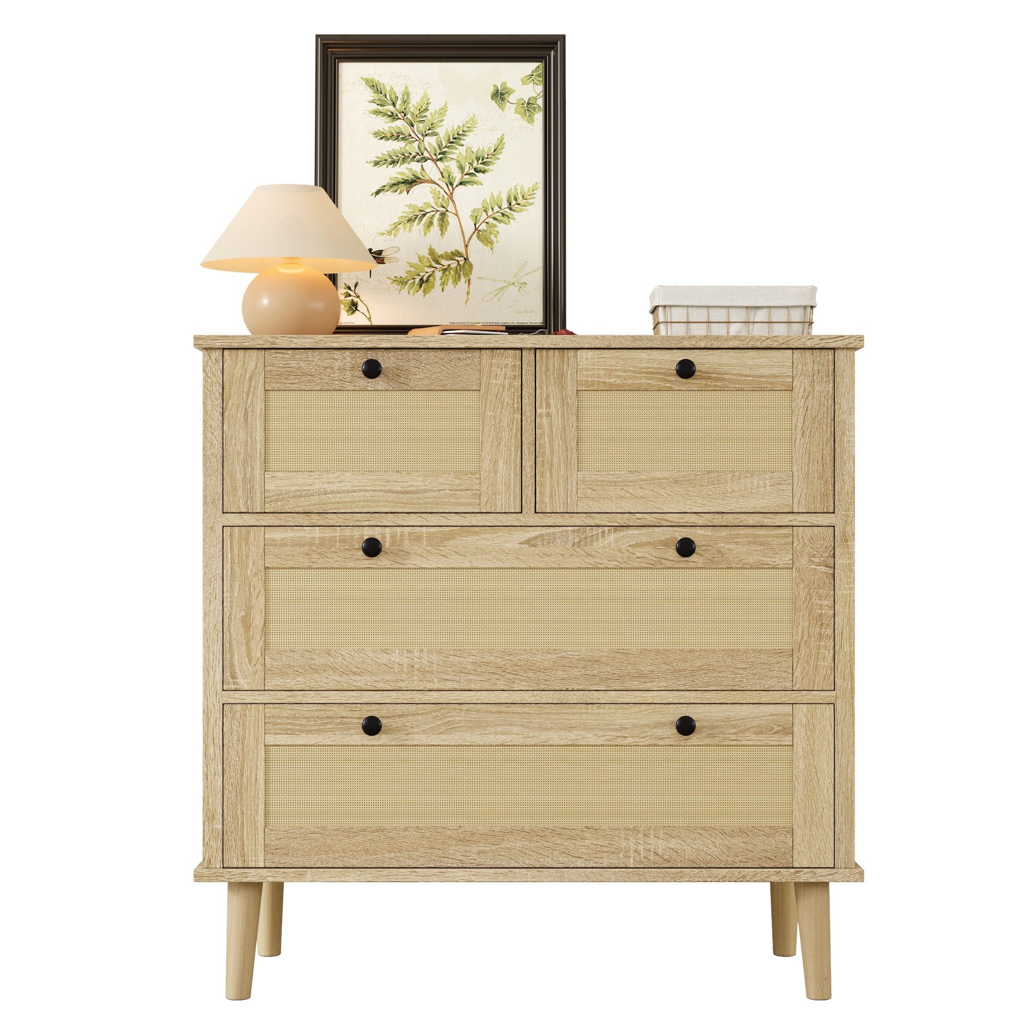 KLAM HOME Sideboard 80 L x 40 B x 80 H, Kommode mit vier Schubladen, Rattanschubladen, Mit Aufbewahrungsschrank, Beine aus Massivholz
