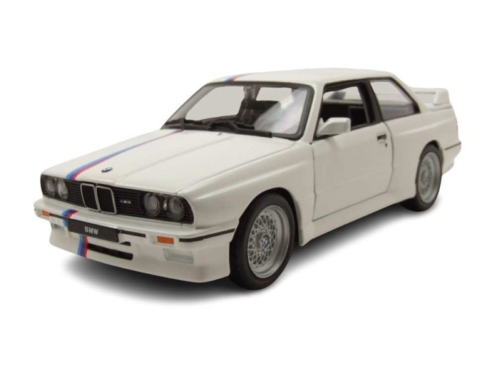 Bburago Modellauto BMW M3 E30 1988 weiß mit Streifen, Maßstab 1:24
