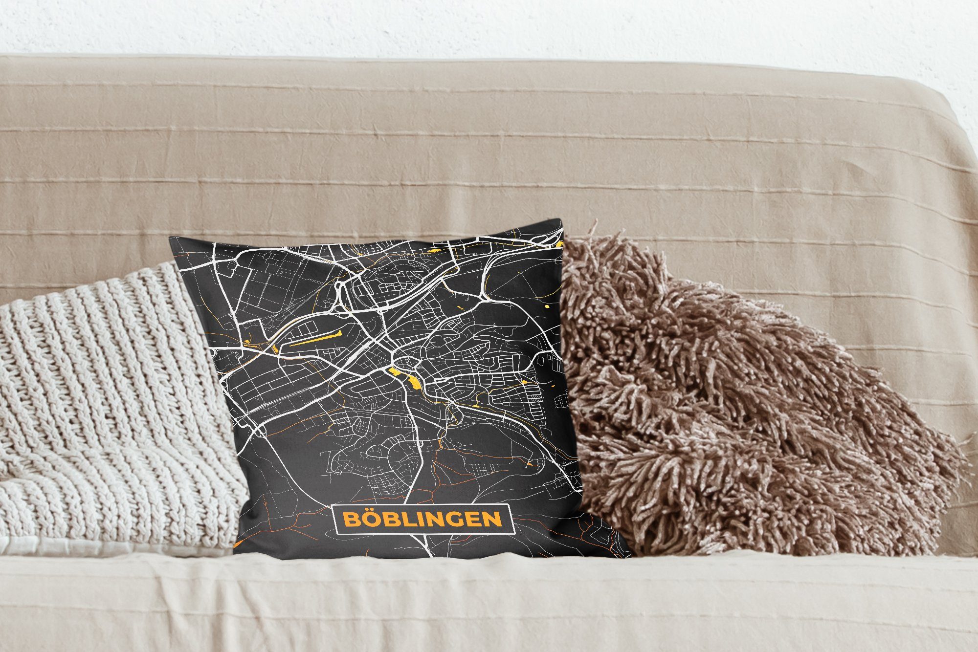 Gold Zierkissen Karte, mit Deko, Stadtplan Schwarz - Deutschland und Füllung für Dekokissen Sofakissen - MuchoWow - Wohzimmer, Böblingen Schlafzimmer, -