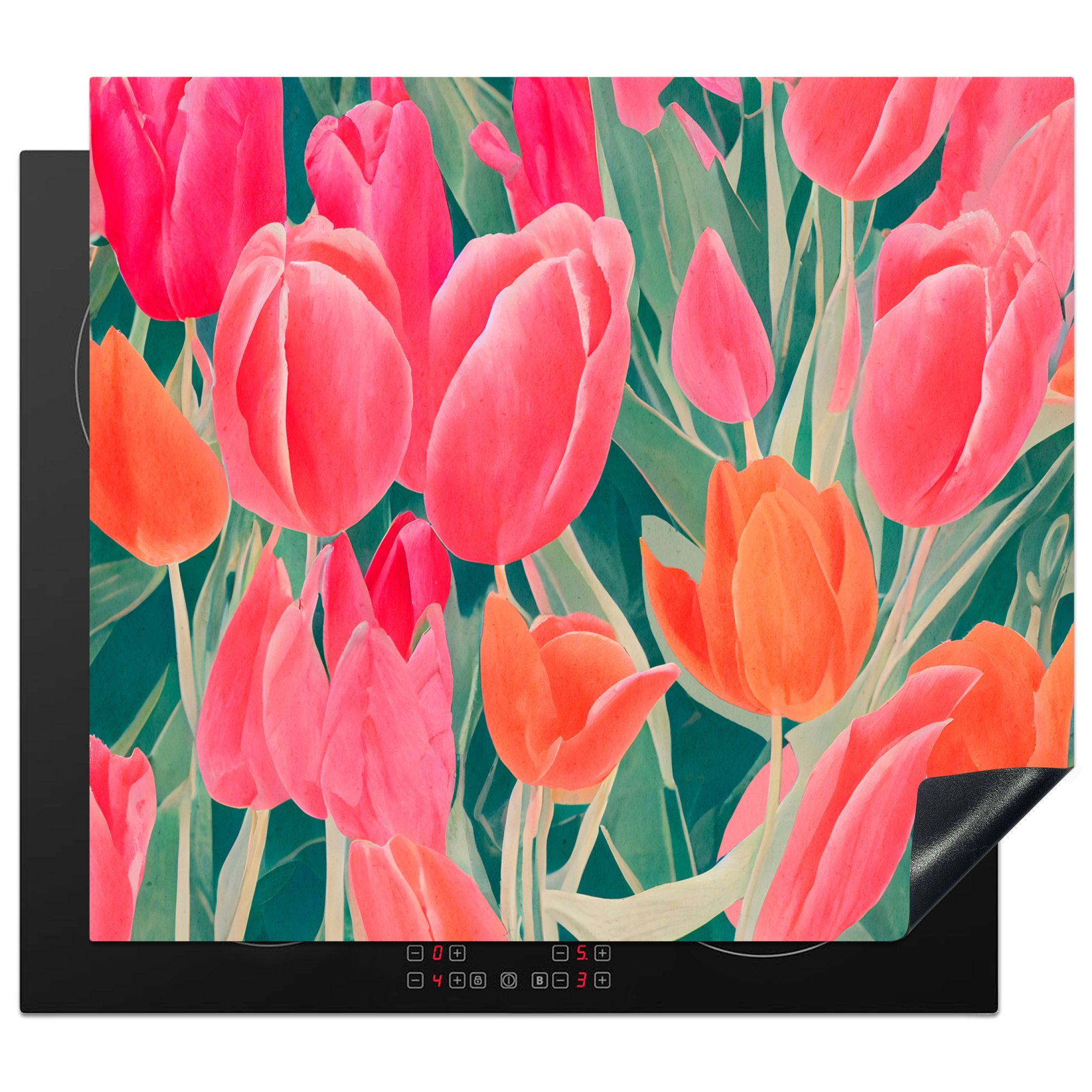 MuchoWow Herdblende-/Abdeckplatte Tulpen - Blumen - Rosa - Rot - Kunst, Vinyl, (1 tlg), 60x52 cm, Mobile Arbeitsfläche nutzbar, Ceranfeldabdeckung