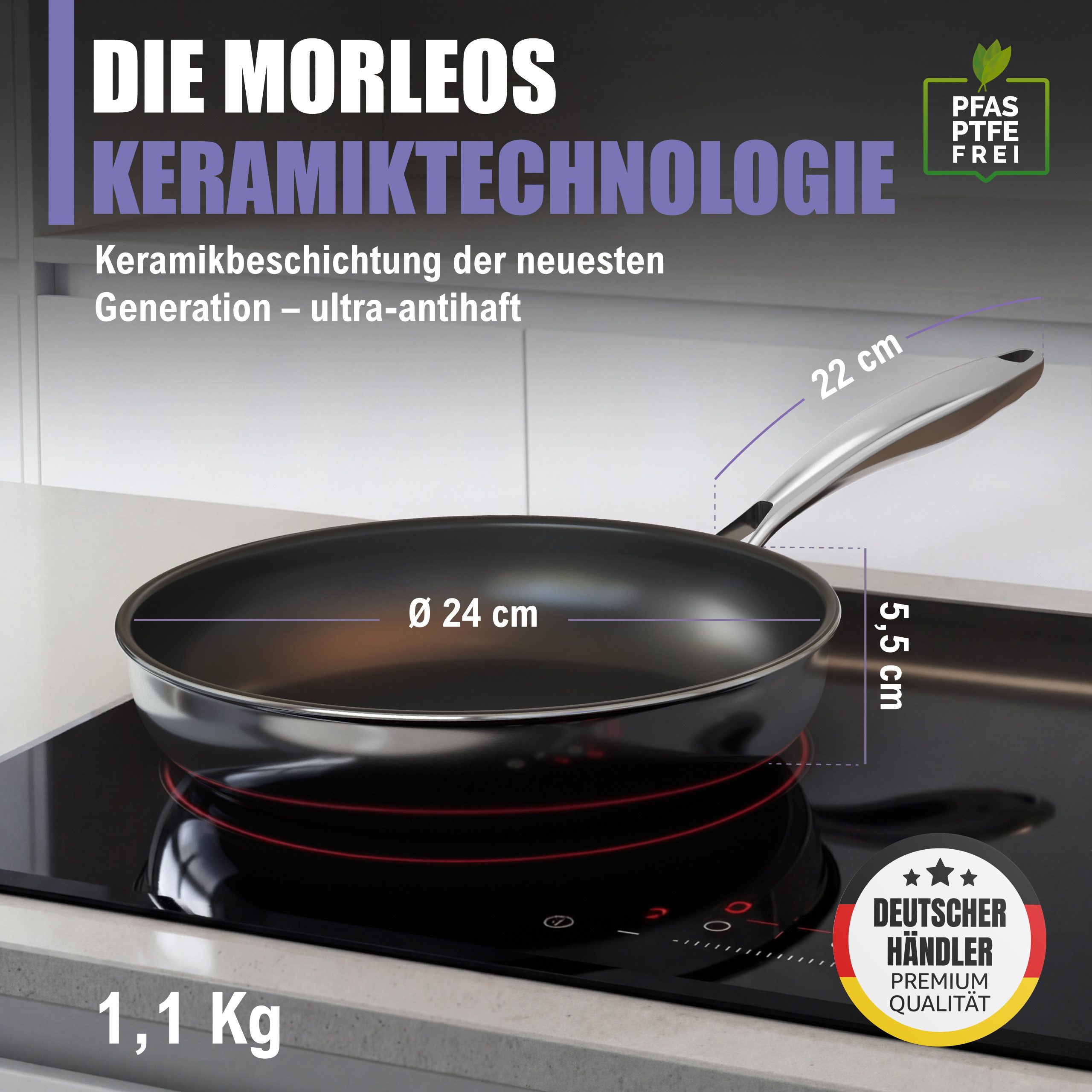 Morleos Bratpfanne Keramikpfanne Ø 24cm, Vollbeschichtet, 5-Schicht - 3mm, Edelstahl (1-tlg., Cerasana), 5-Schicht, 3mm, 1kg, backofenfest, spülmaschinengeeignet, Antihaft