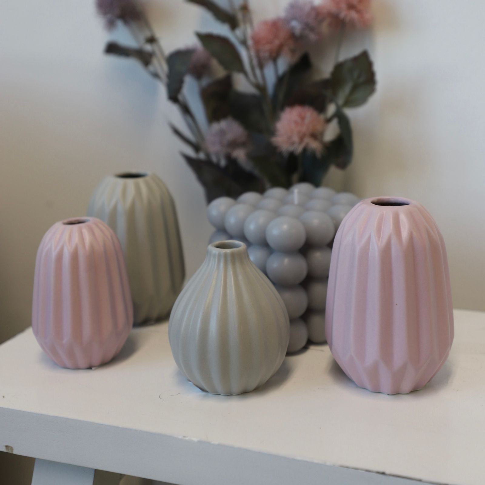 BURI Tischvase Keramik Vase Blumenvase Dekovase Tischdeko Keramikvase Rillendesign