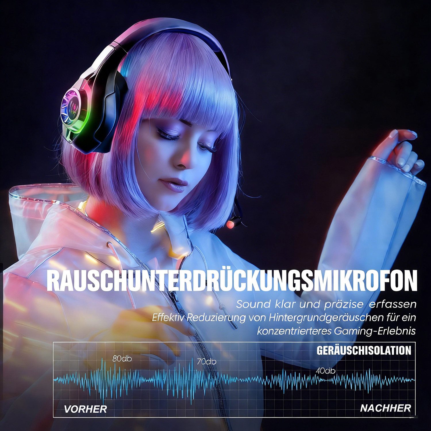 ibettertec 2.4G Wireless Gaming Headset für PC/PS5/PS4/Xbox, Kabelloses Kopfhörer Gaming-Headset (Rauschunterdrückung, Headset Mit Mikrofon Geräuschunterdrückun – Bild 5 von 5