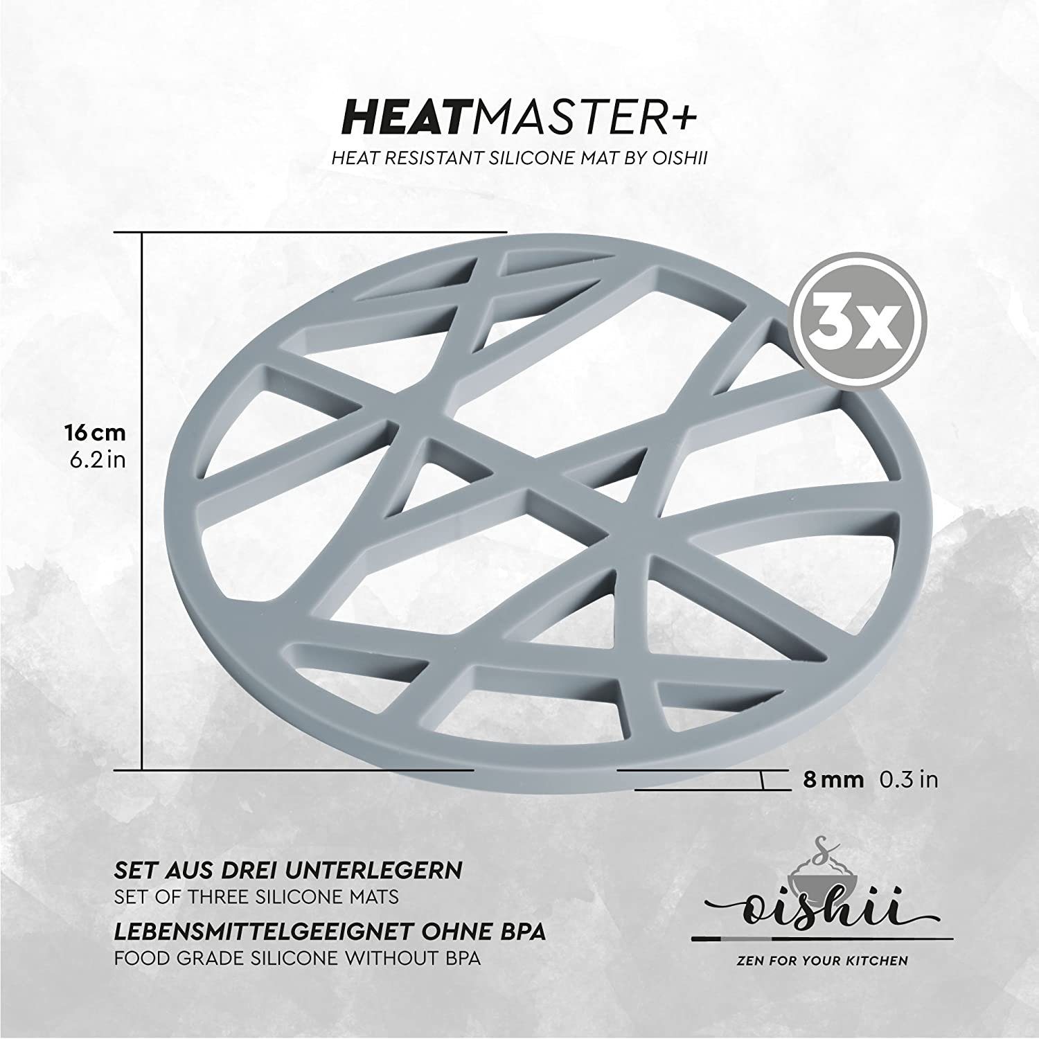 rund, grau, 16x16x0.7cm 3-tlg., OISHII Heatmaster+ hitzebeständig, Circle, Set, Topfuntersetzer