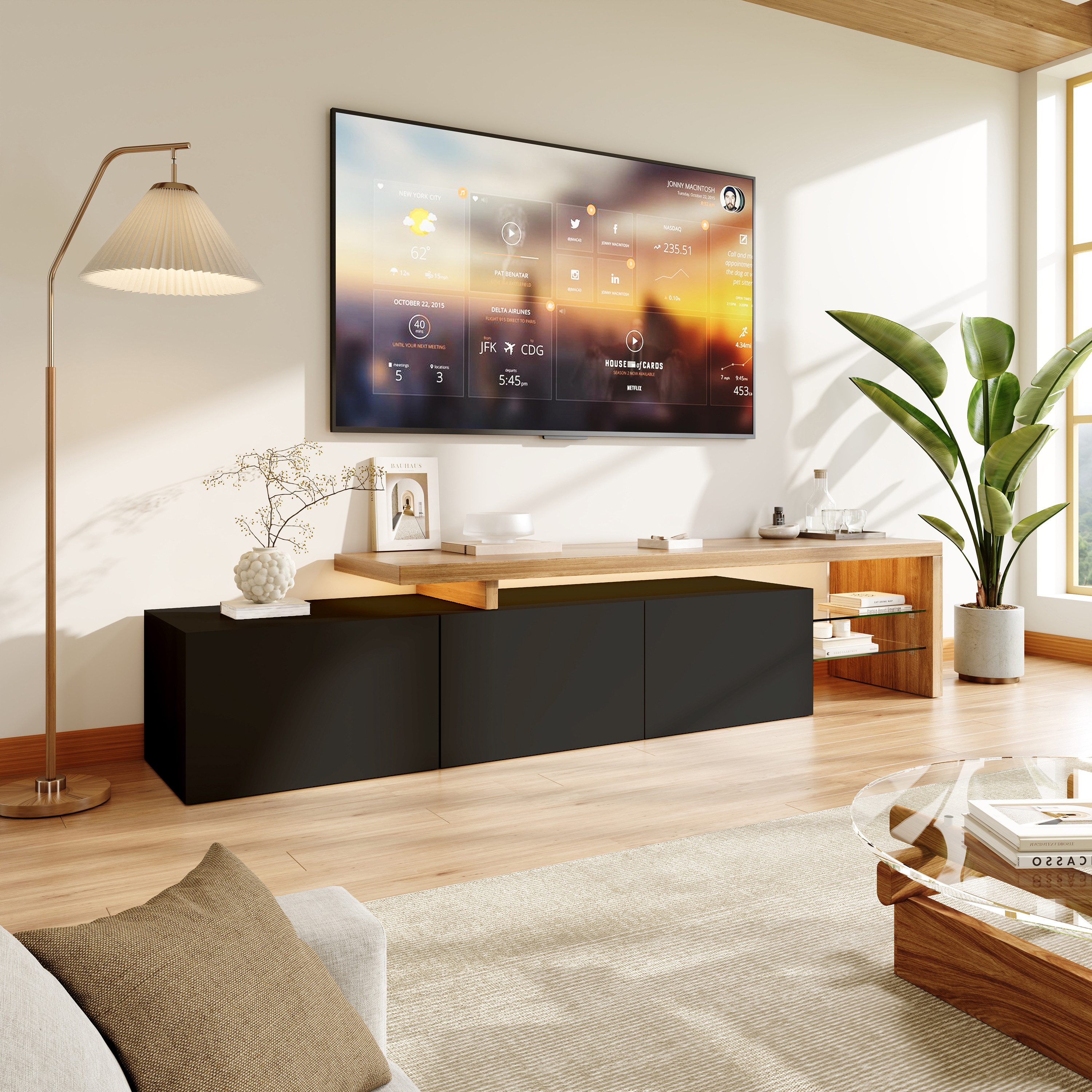 PXloue TV-Schrank Fernsehkommode, Hochglanz TV Schrank, mit 16 Farben LED Beleuchtung mit LED-Beleuchtung, Lowboard mit Glasablagen, Breite 200cm