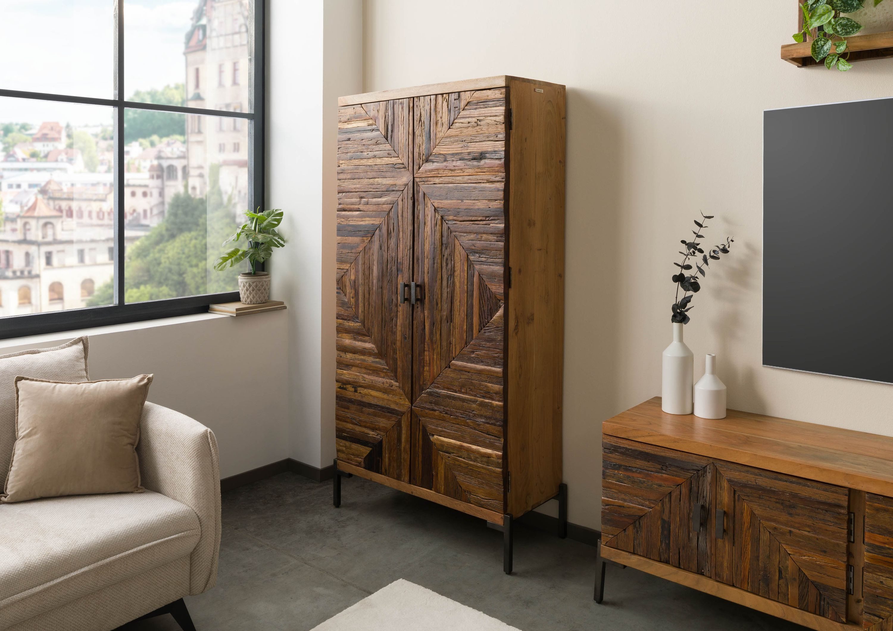 Massivmoebel24 Dreh-/Schwebetürenschrank LYON (Altholz 90x40x180 natur lackiert LYON #170) Altholz 90x40x180 natur lackiert LYON #170