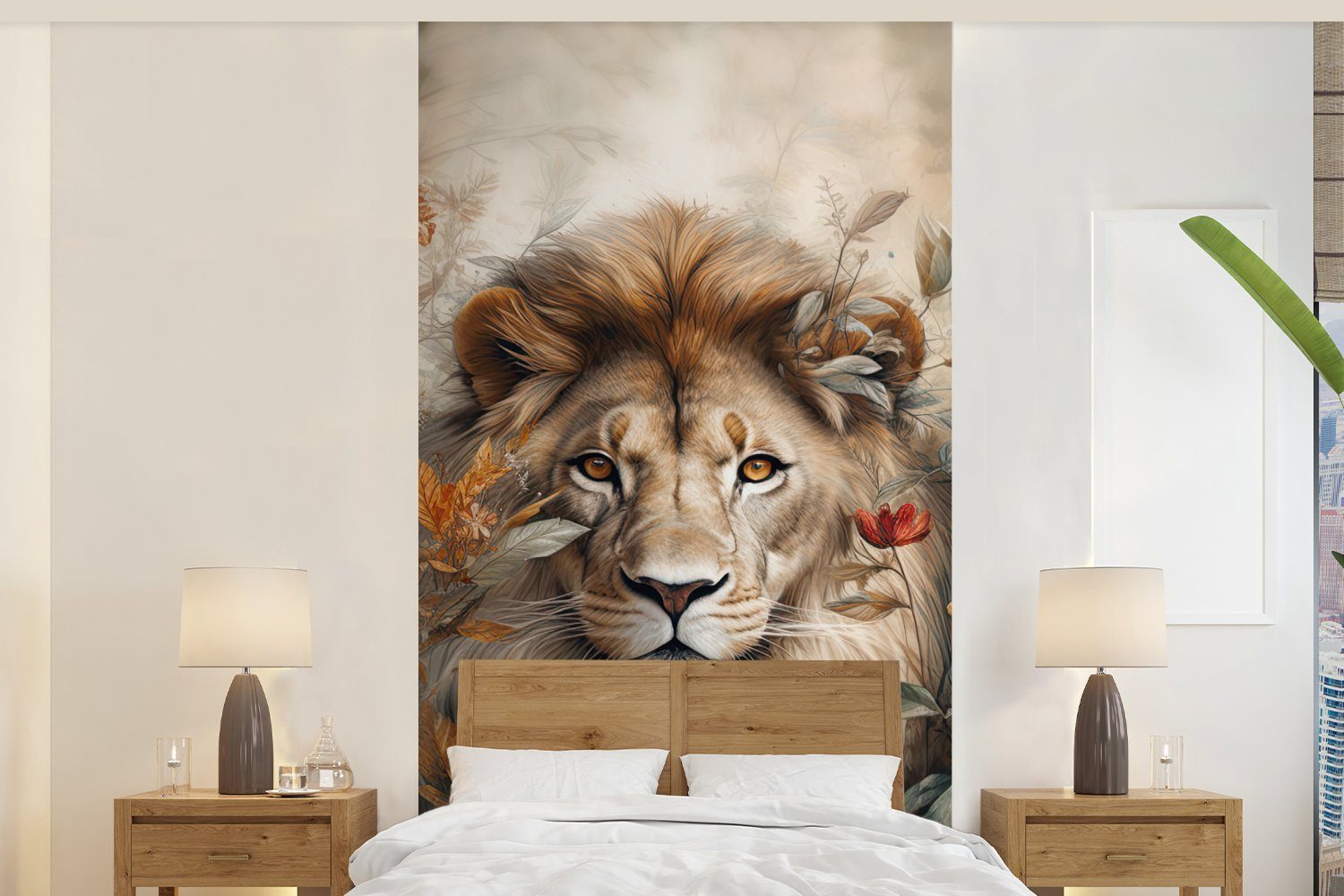 Fototapete Löwe - Wildtiere - Pflanzen - Natur - Blumen