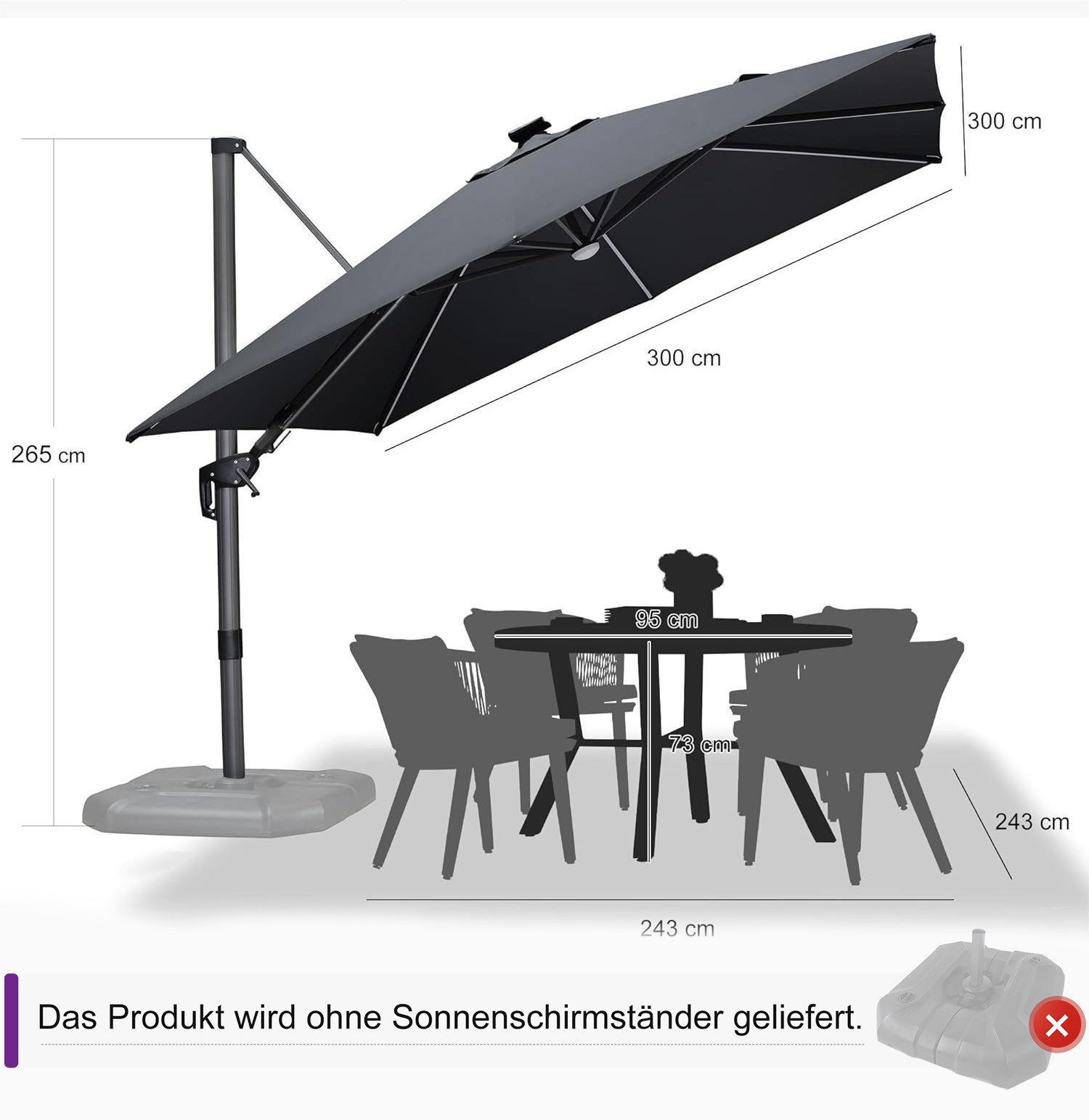 PURPLE LEAF Sonnenschirm Quadrat Alu Balkonschirm, Groß Ampelschirm LED, LxB: 300,00x300,00 cm, 360°Rotation, Sonnenschutz UV50+, für Garten, Terrasse, Pool