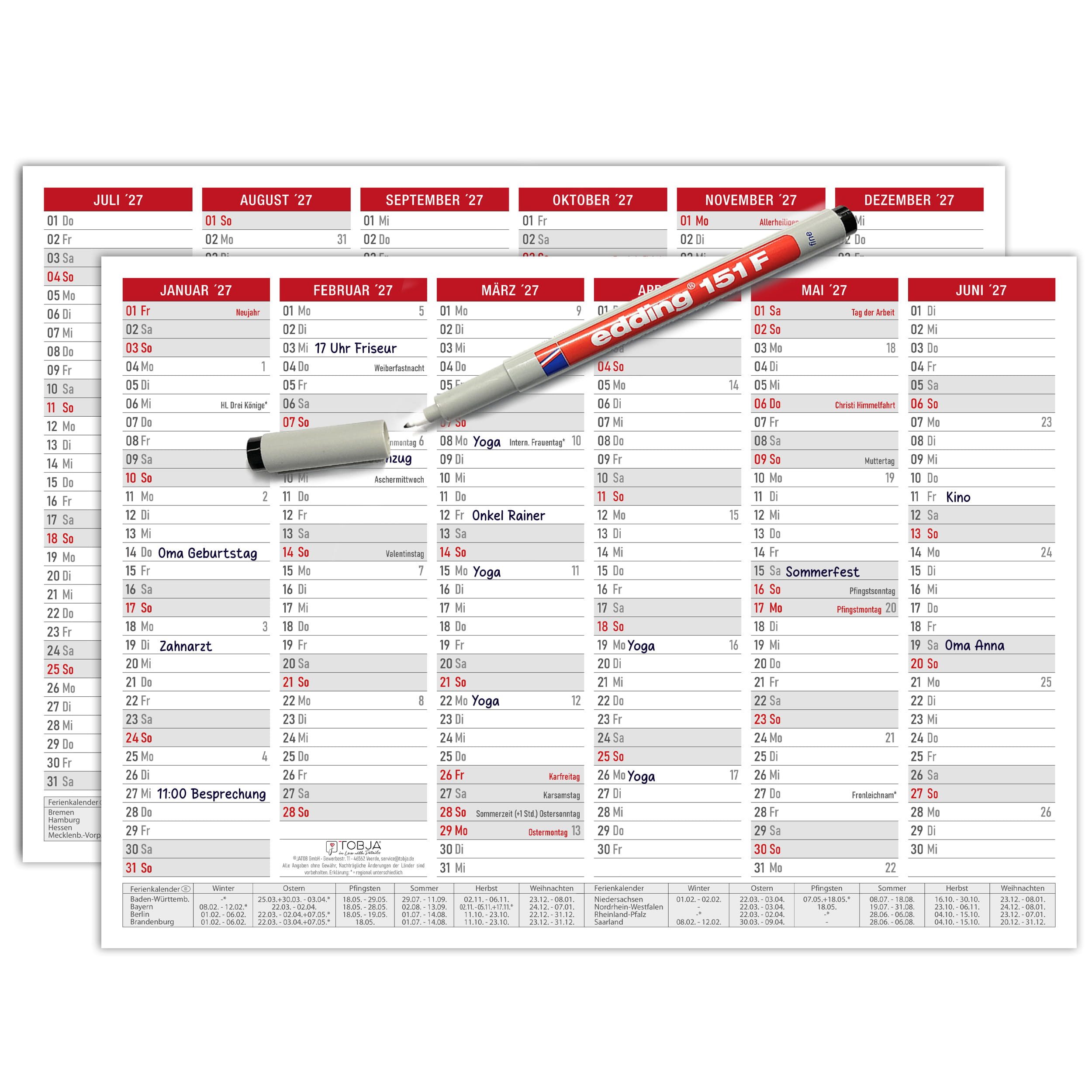 Wandkalender Abwischbarer Wandkalender 2027 A4 Rot - Tafelkalender inkl. 1 Stift