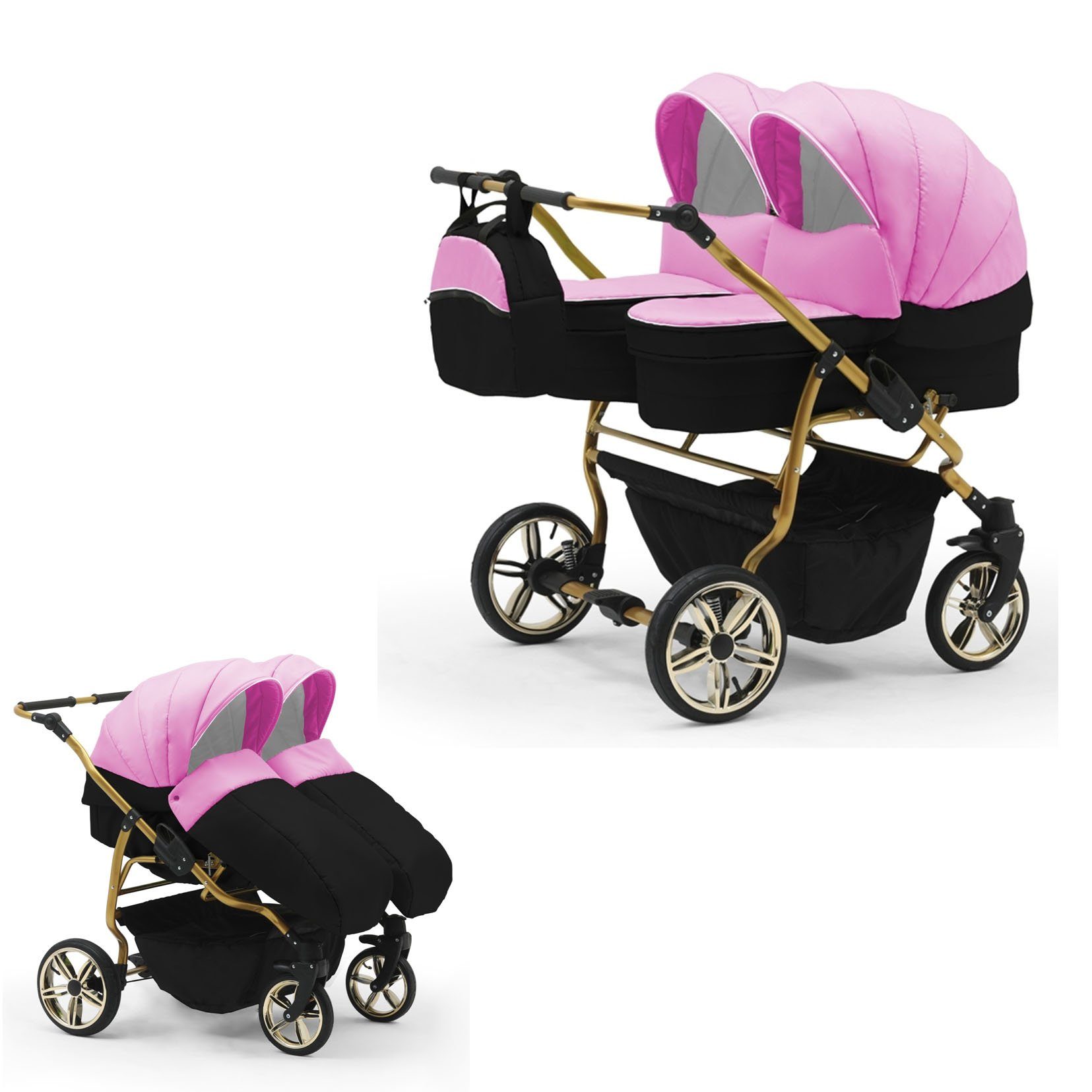 babies-on-wheels Zwillingswagen Zwillingskinderwagen 2 in 1 Duet Lux - 10 Teile - in 33 Farben Pink-Schwarz