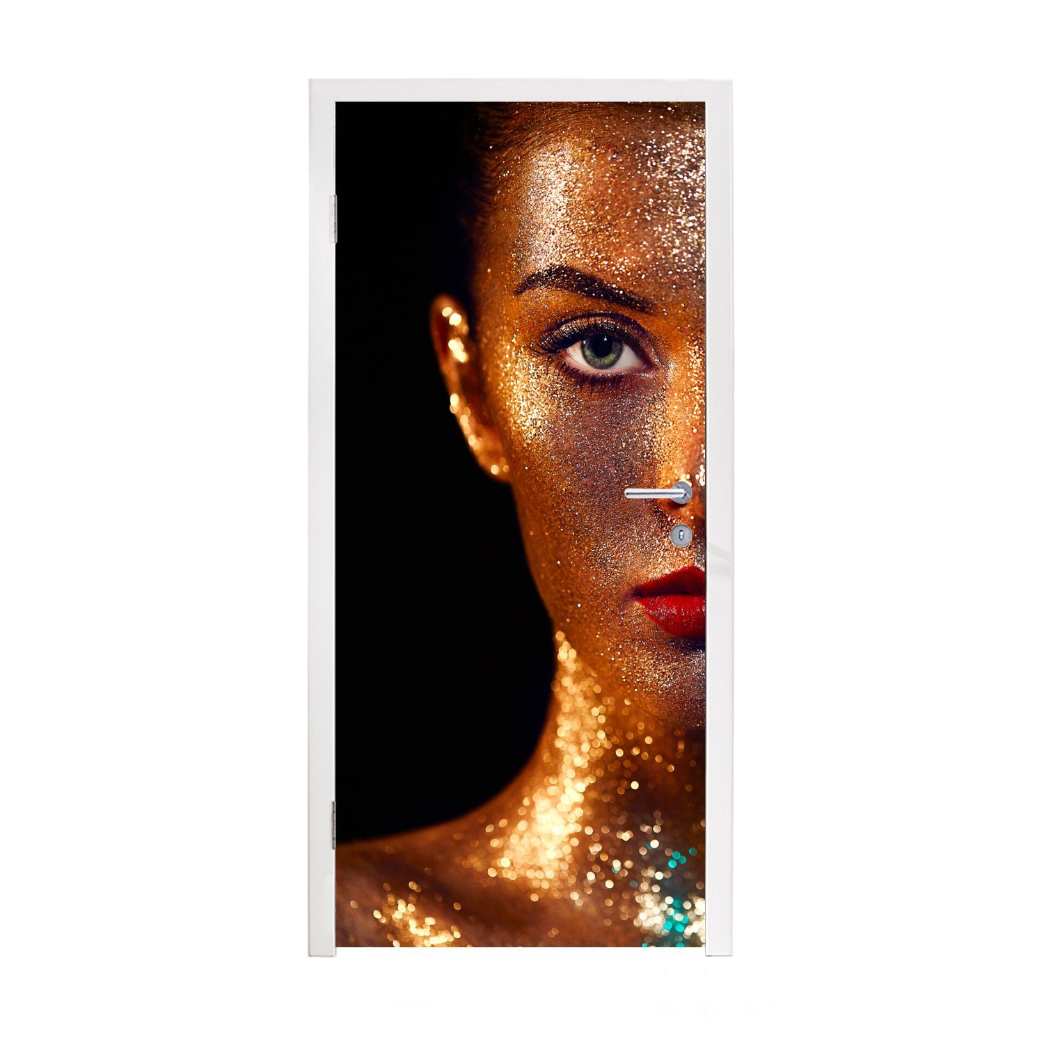 MuchoWow Türtapete Make-up - Gold - Frau - Luxus - Glitzer - Kunst, Matt, bedruckt, (1 St), Fototapete für Tür, Türaufkleber, 75x205 cm | Türtapeten