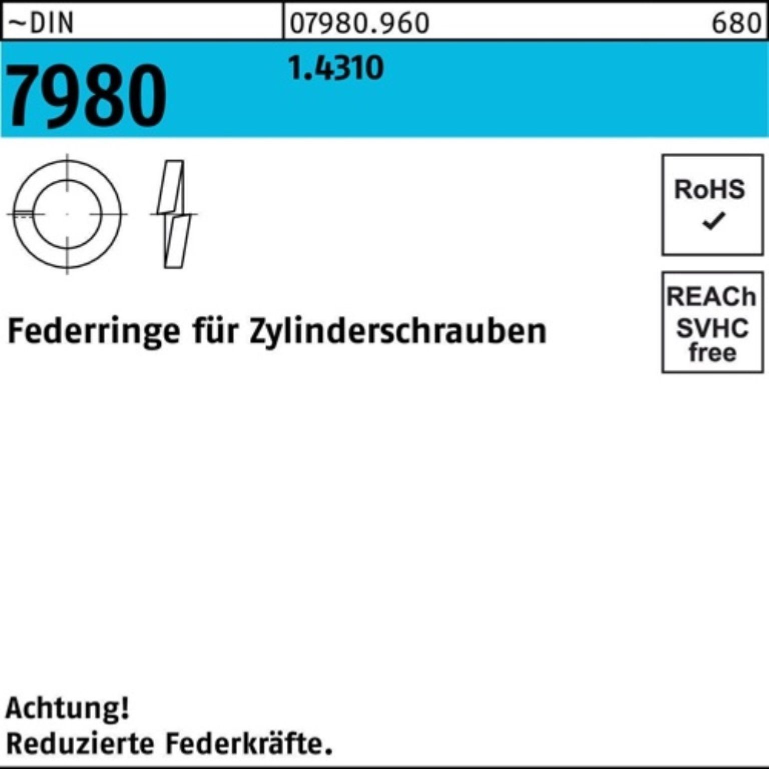 Reyher Zylinderschraube 100er Pack Federring DIN 7980 f.Zylinderschrauben 8 1.4310 100 Stück