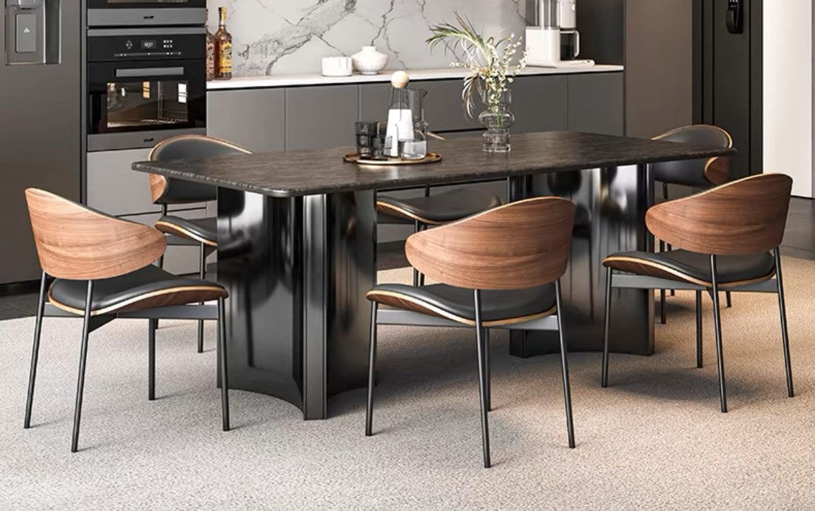 Vintagehaus Esstisch Industrial Esstisch / Essgruppe Obsidian Travertin Metall schwarz