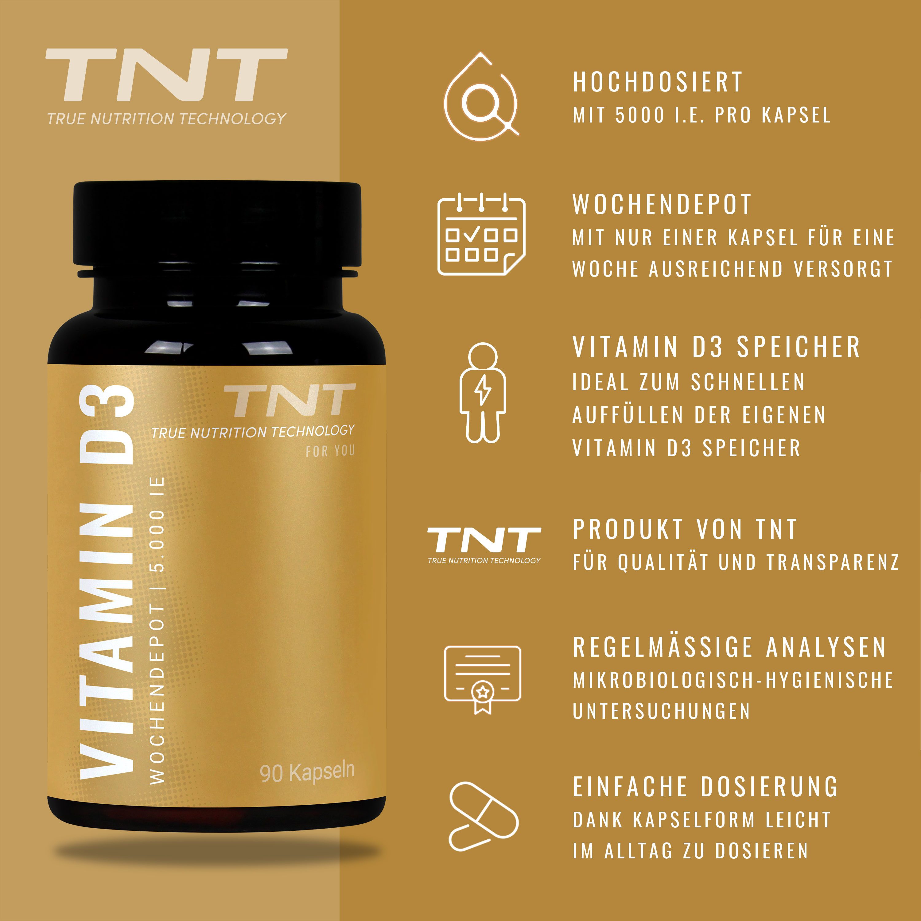 TNT (True Nutrition Technology) Vitamin D3 Wochendepot - hochdosiert: 5000 I.E. Kapseln, 90 St., 26.55 g