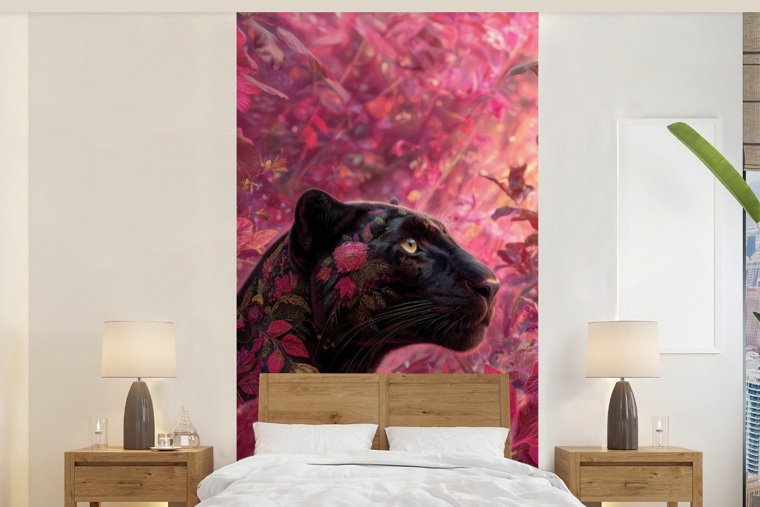 MuchoWow Fototapete Leopard - Blumen - Rosa, Matt, bedruckt, Vliestapete für Wohnzimmer Schlafzimmer Küche, Fototapete, 120x240 cm