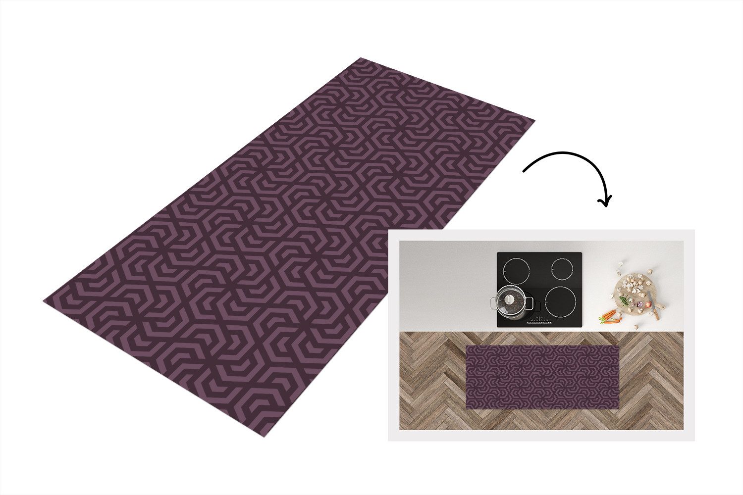 MuchoWow Küchenläufer Lila - Geometrisch - Muster - Dunkel, aus Kunststoff, Küchenteppich, Läufer für Küche, Rutschfest, Küchendeko, 120x50 cm