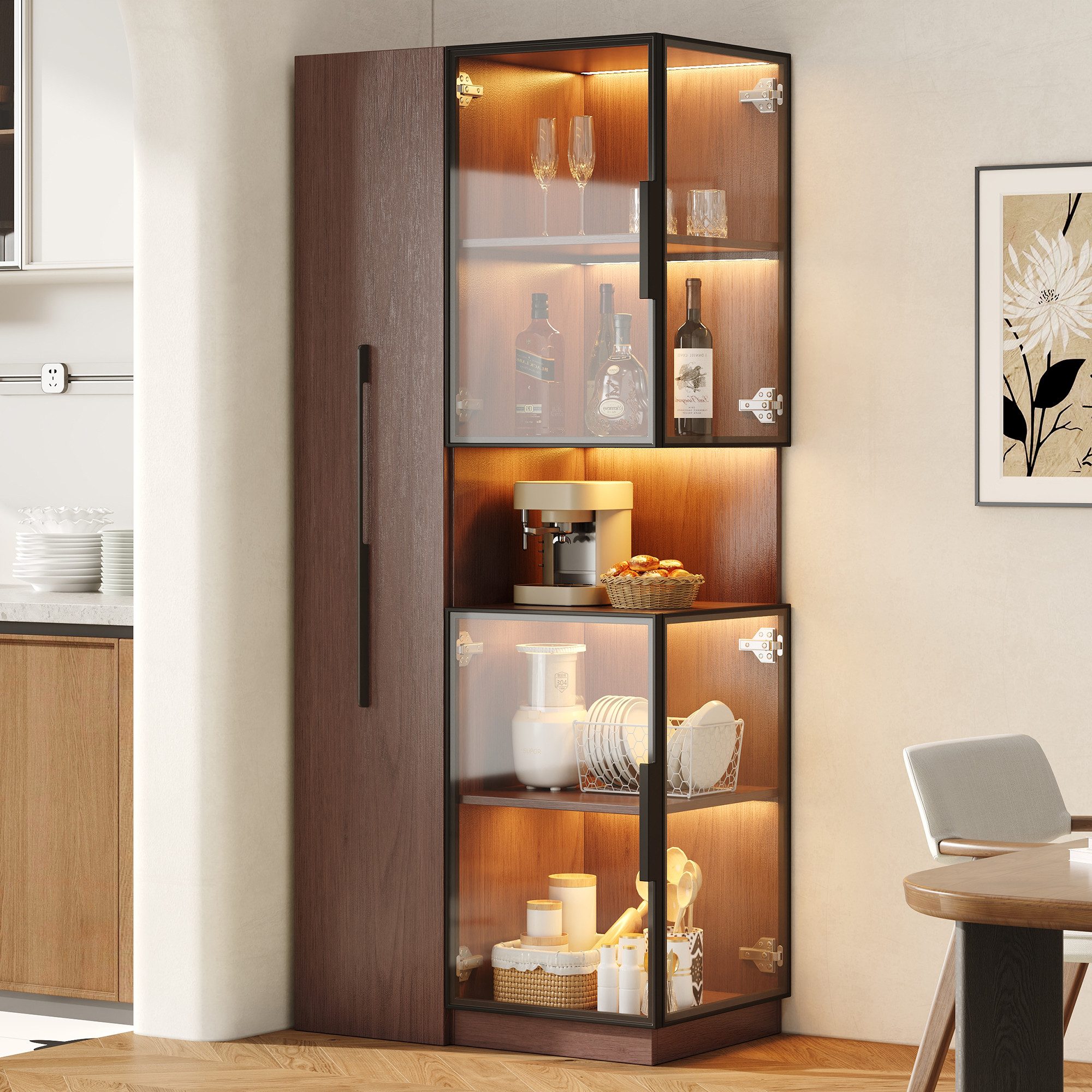 Flieks Glasvitrine Eckschrank mit LED-Beleuchtung und Ausziehregal in Walnussholzfarbe (1-St., 70×38×160 cm) multifunktionaler Standvitrine mit Glastüren Eckvitrine Sammlervitrine