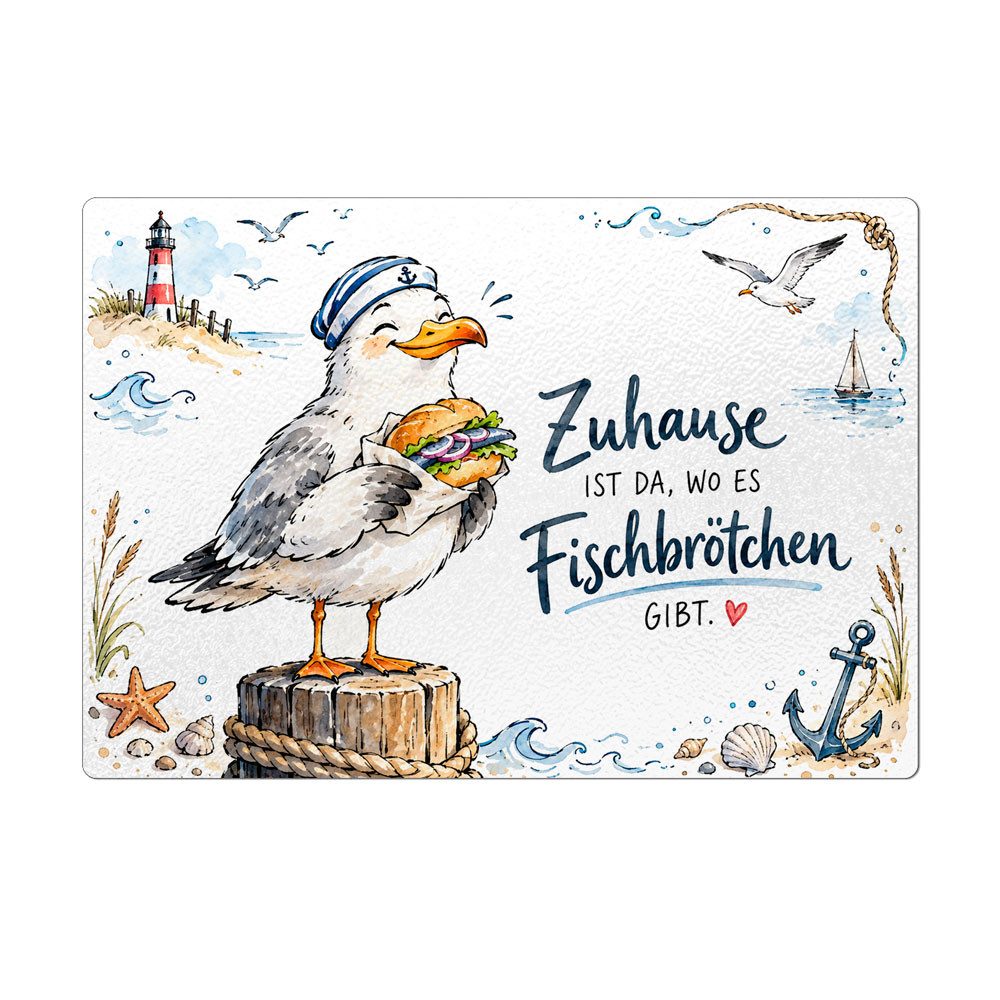 Cadouri Frühstücksbrett Maritimes Glasschneidebrett mit Möwe & Fischbrötchen - 28,5 × 20 cm, Glas, (1-St., 1 Schneidebrettchen mit 4 rutschhemmenden Gummifüßchen), Glasbrettchen mit strukturierter Oberfläche und abgerundeten Ecken