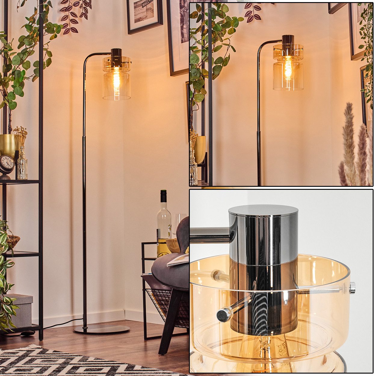 hofstein Stehlampe Stehlampe aus Metall/Glas in Schwarz/Chrom/Bernstein/Klar, Fußschalter, ohne Leuchtmittel, Stehleuchte im Retro/Vintage-Design mit Glasschirm (15cm), E27