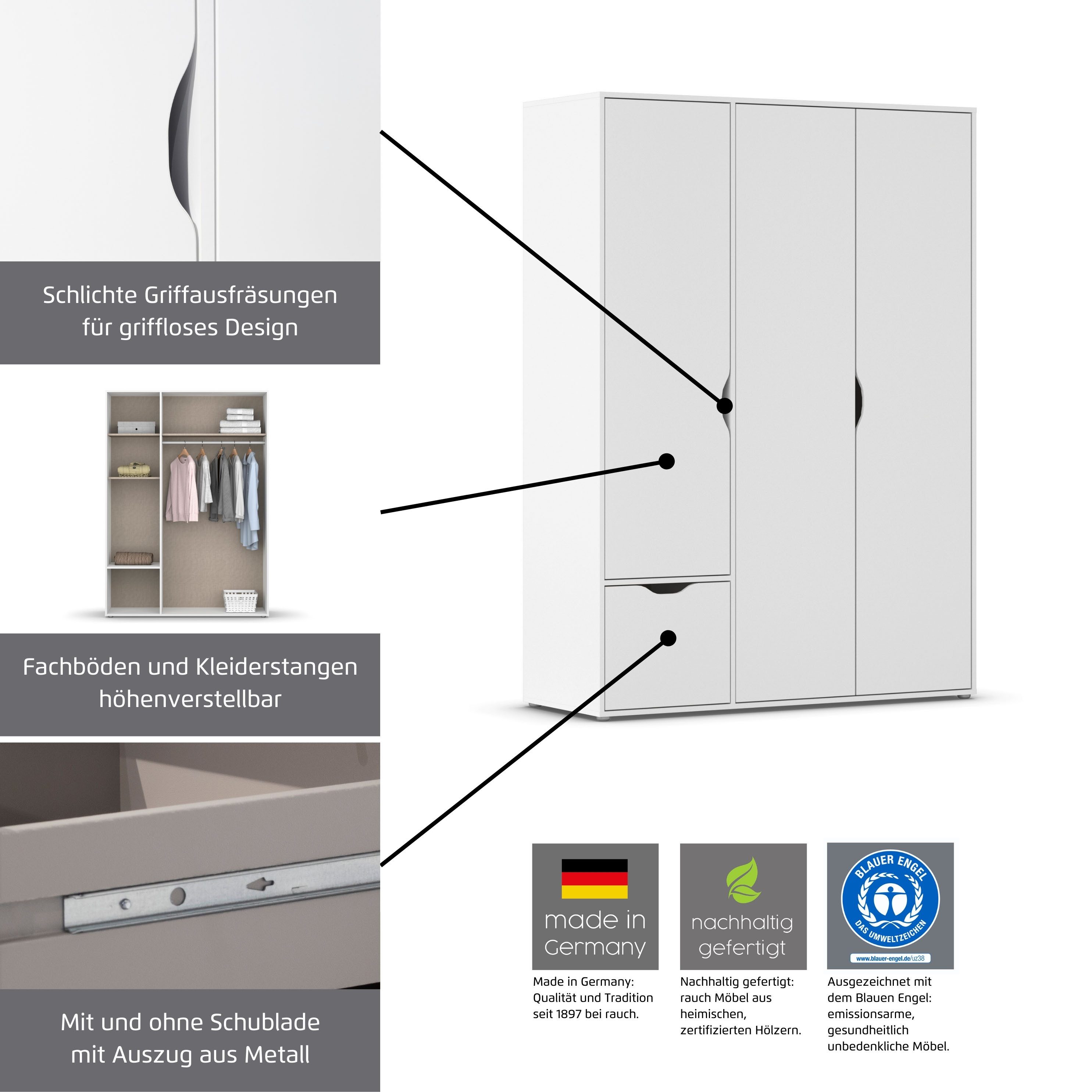 rauch Drehtürenschrank Kleiderschrank Schrank Garderobe Wäscheschrank NARAI mit Spiegel (in 3 verschiedenen Ausstattungen BASIC/CLASSIC/PREMIUM) Griffausfräsungen für eine grifflose Optik TOPSELLER MADE IN GERMANY