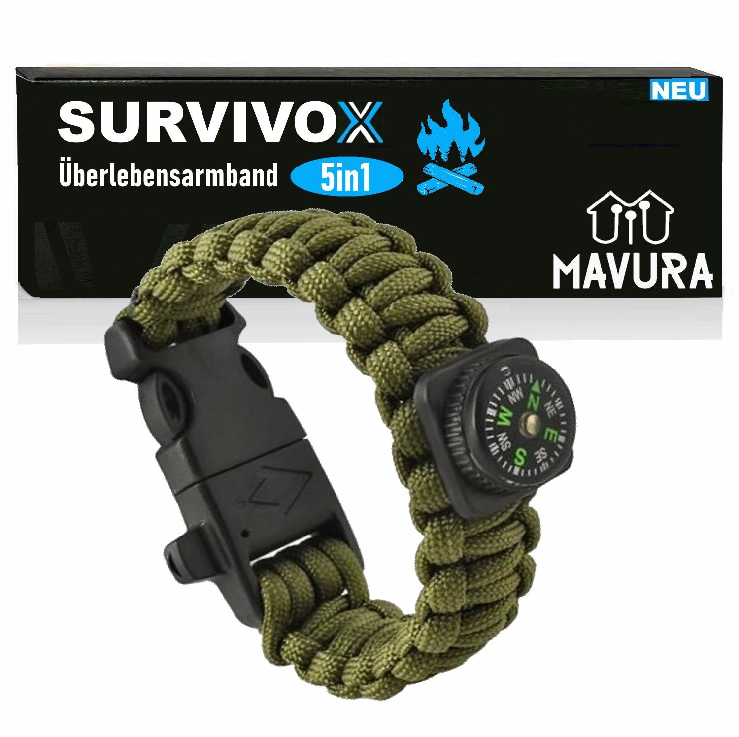 MAVURA Armband SURVIVOX Überlebensarmband Survivalarmband Armband Paracord 5in1 Survival Seil Notfallpfeife mit Überleben), Messer Outdoor Notfall (Militär Feuerstein Fallschirm Kompass