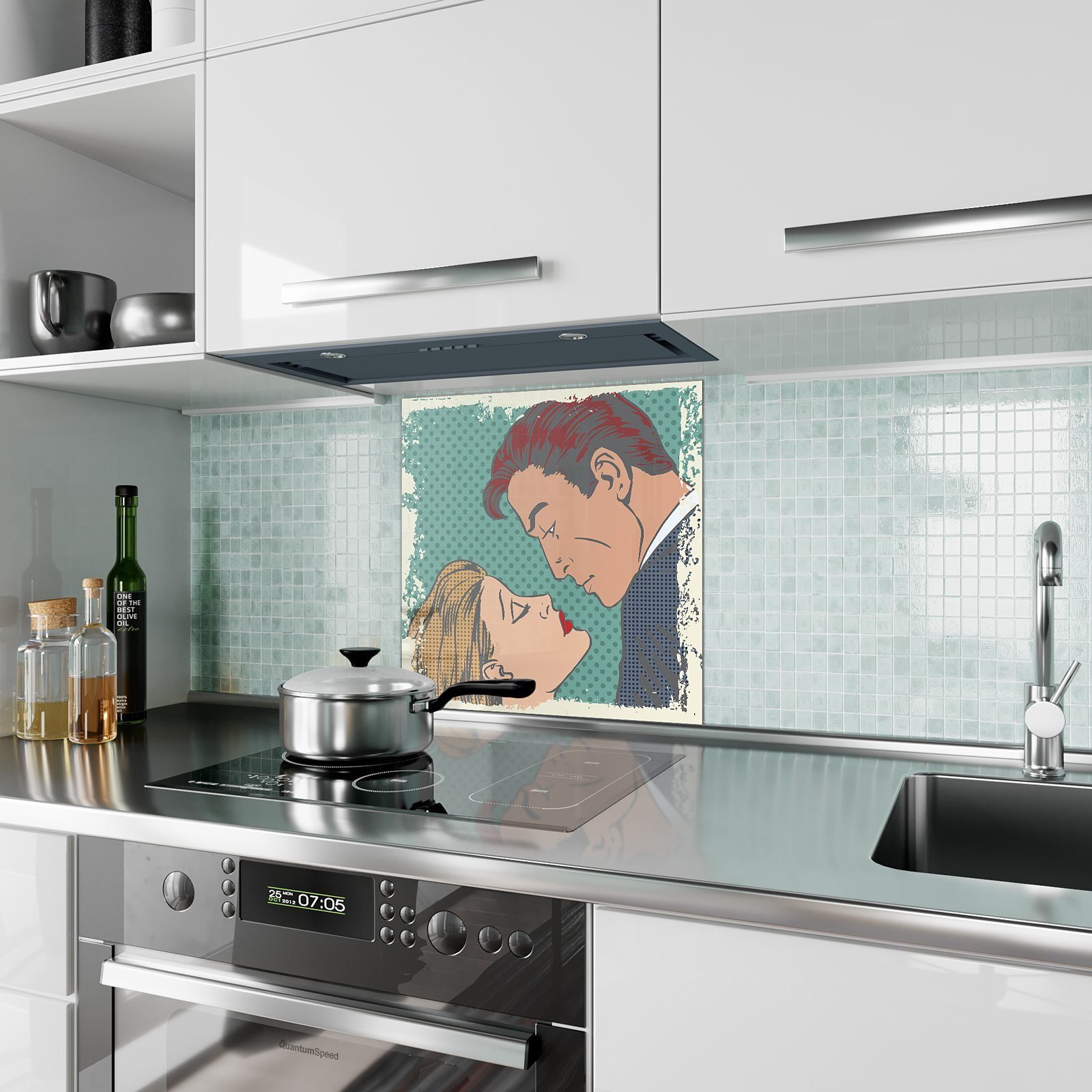 Primedeco Küchenrückwand Spritzschutz Glas Mann und Frau Comic