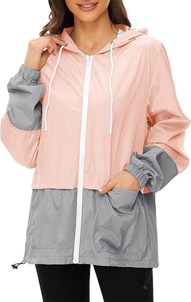 Rouemi Regenjacke Damen Regenjacke, leichte Windbreaker Kapuze Rosa mit Jacke winddicht