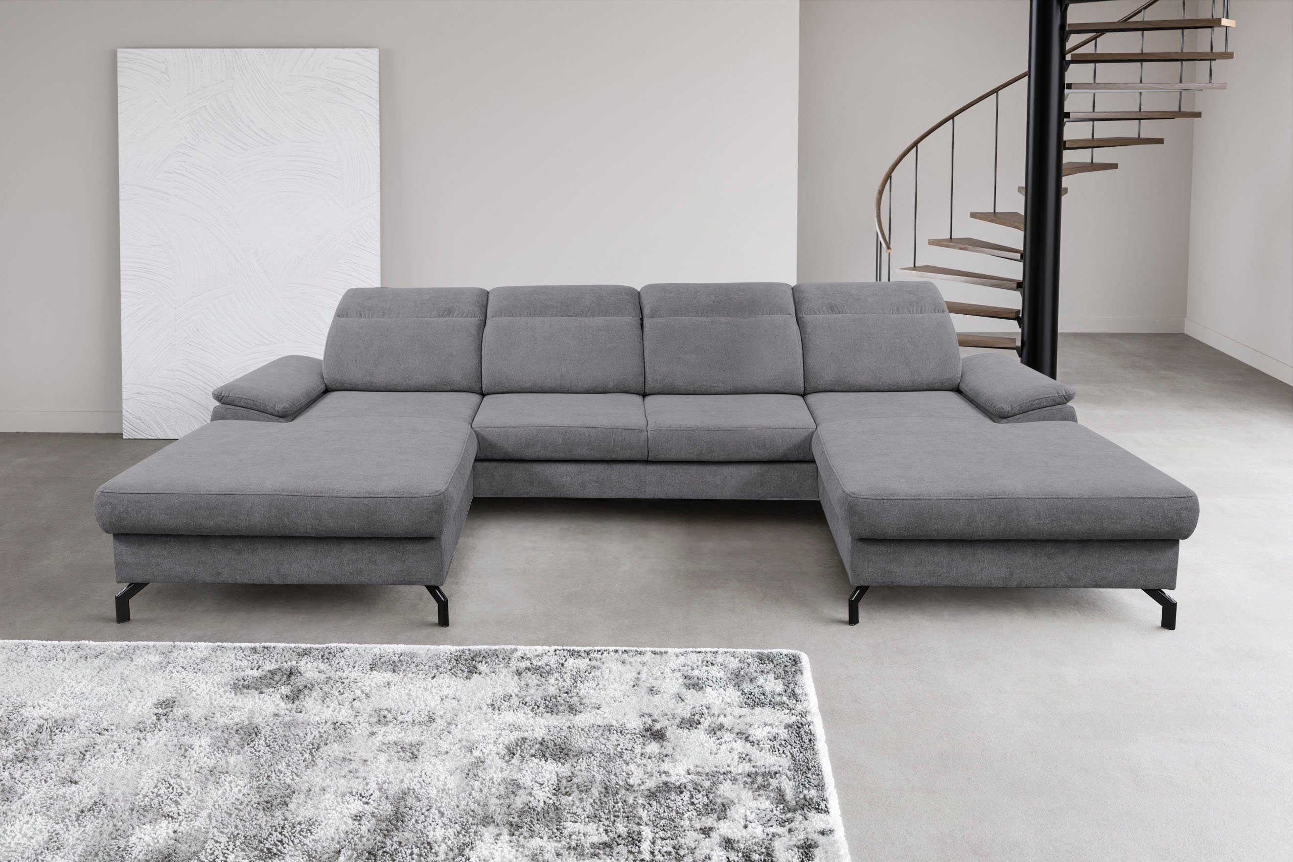 | Kopfteile Modernes Grau Bettkasten, Slavio, Wohnlandschaft Grau U-Sofa Schlaffunktion, mit WERK2 verstellbar | Grau