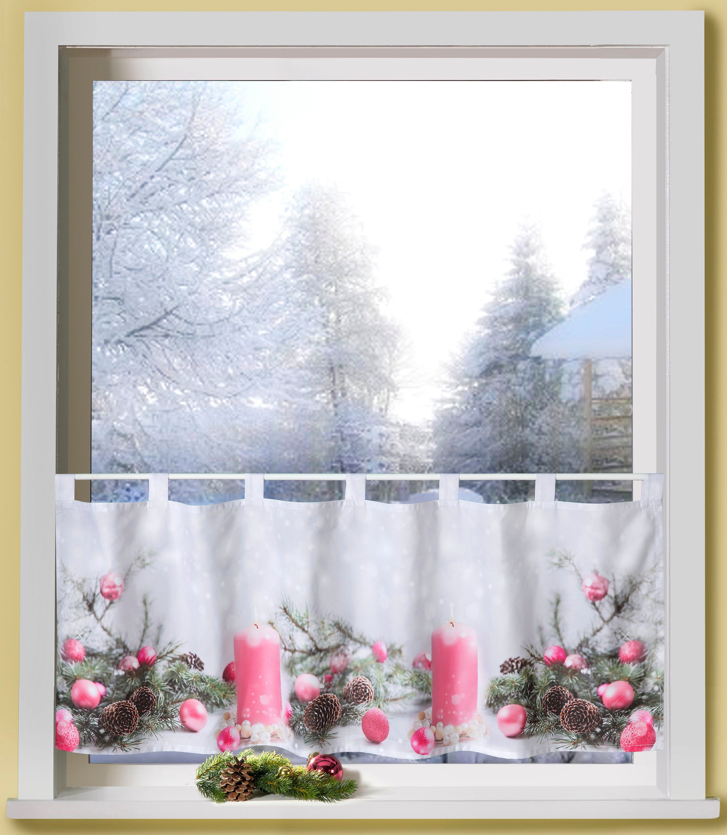 Weckbrodt Scheibengardine Rosa Kerzen (1 St), Schlaufen, blickdicht, Microfaser, Bistro, Microsatin, Weihnachten, HxB 45x120cm, Gardine, Store