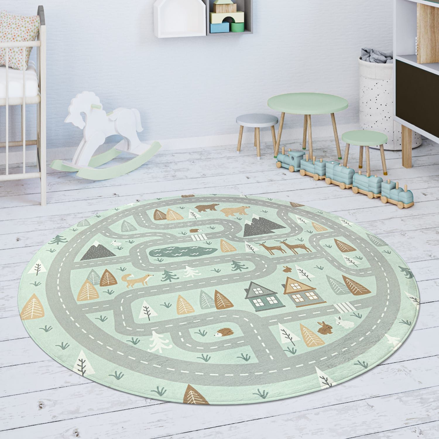 KADIMA DESIGN Kinderteppich waschmaschinenwaschbar Waldwege‑Muster Kinderzimmer Kinderteppich, Rund, Höhe: 4 mm, 100% Polyester, Rücken aus Felt + Dots, Rund, 120Dcm, Türkis